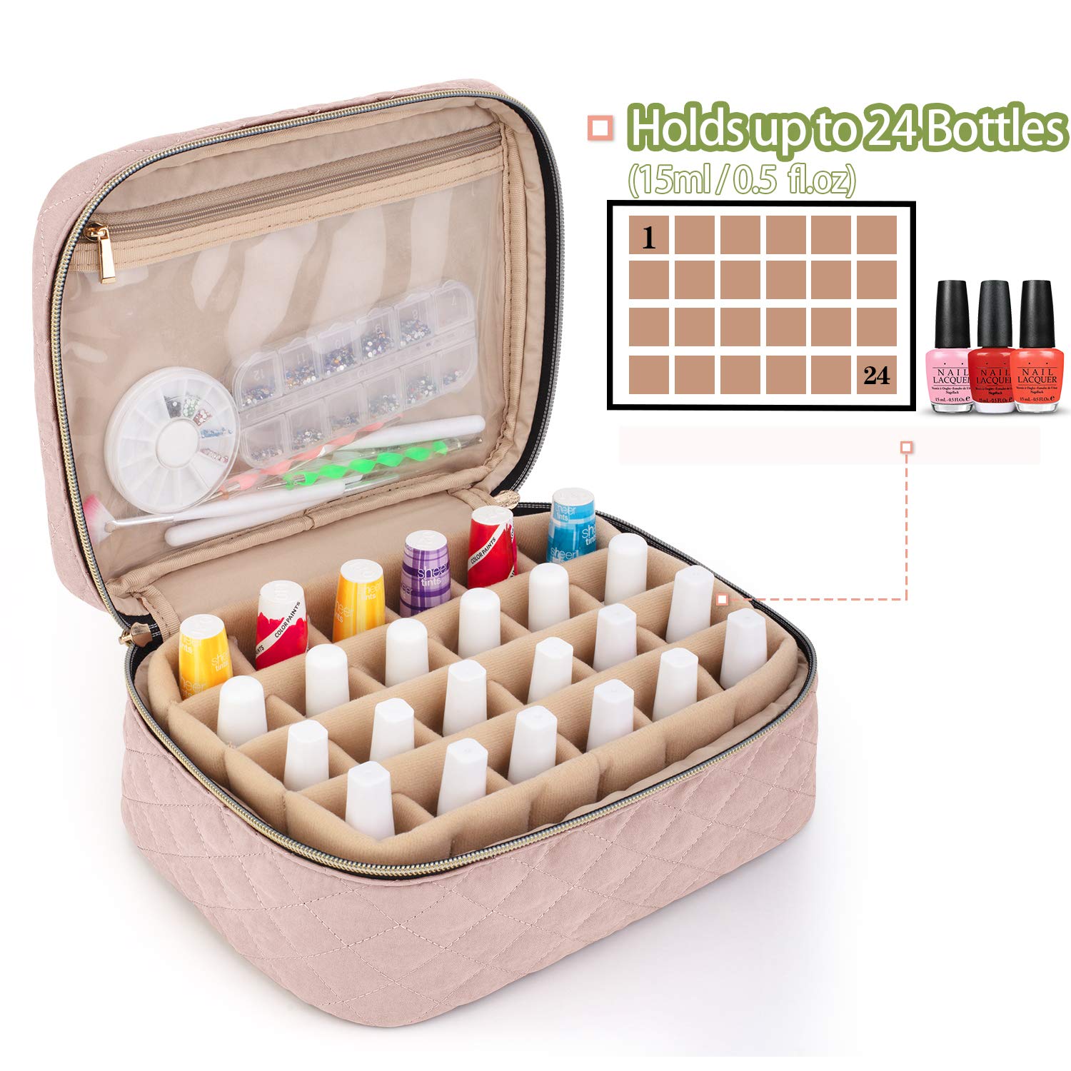 Yarwo Nail Polish Carrying Bag — 24 Bottle Capacity (15ml) Dusty Rose (Bag Only)