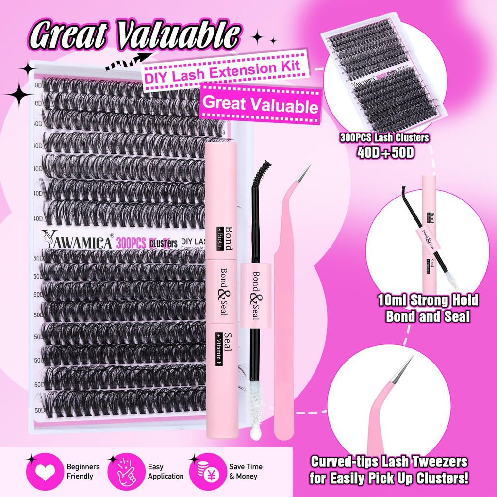 Yawamica DIY Lash Extension Kit 300pcs — At-Home Salon-Style Lashes (9-18mm, 40D/50D)