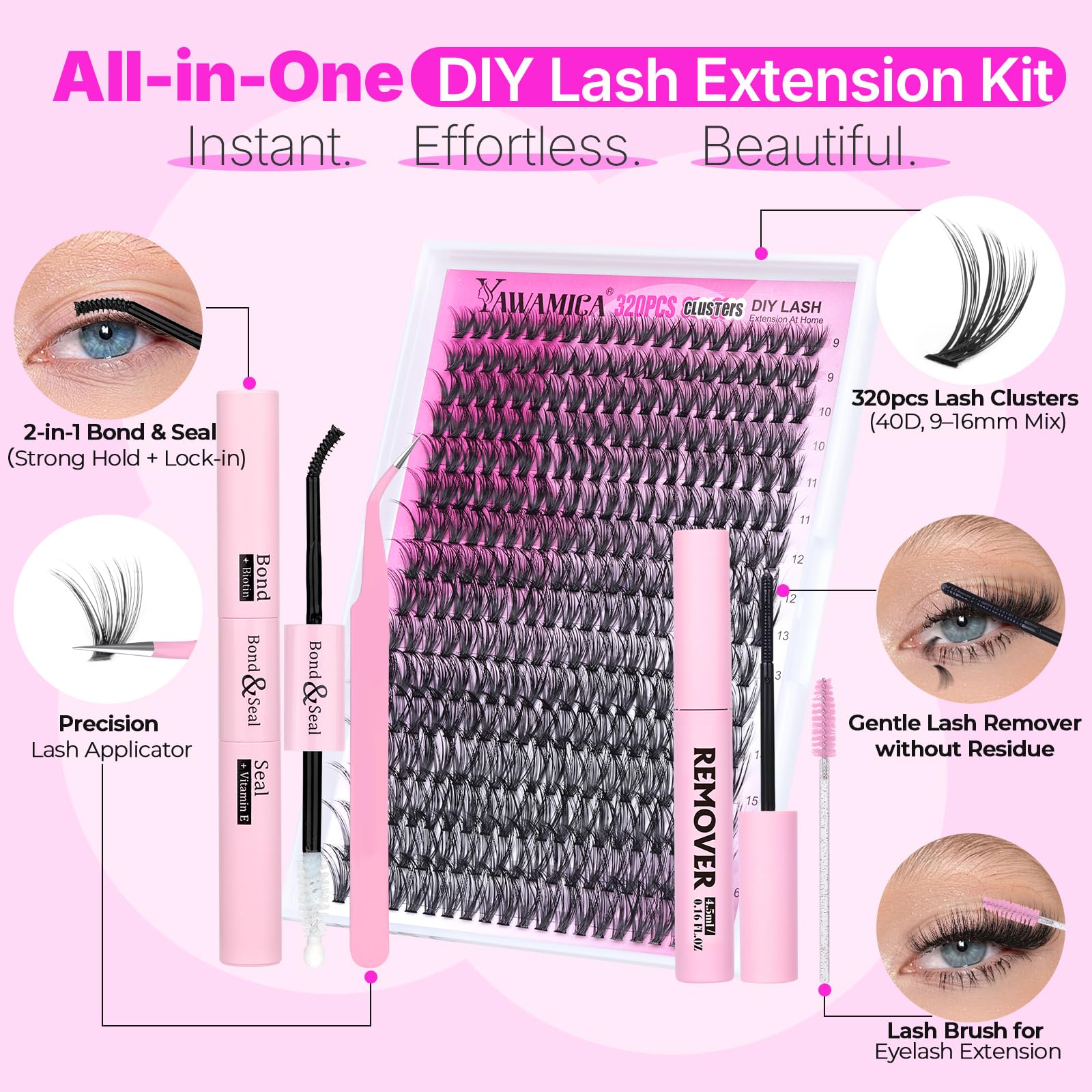 Yawamica Lash Clusters Kit 320pcs — DIY D-Curl Lashes 9-16mm with Bond, Seal & Tools