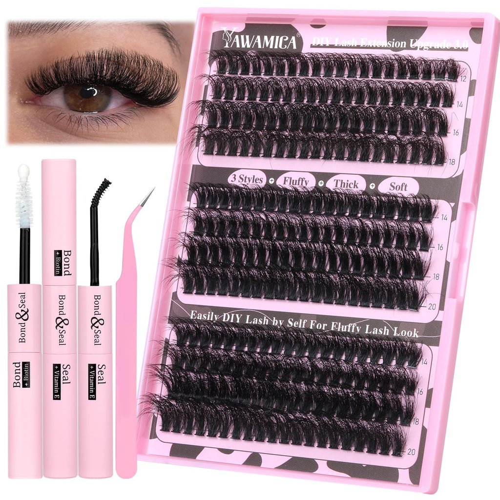 Yawamica Eyelash Extension Kit – Fluffy Volume Lashes, 14-20mm D Curl, 240pcs Clusters + Bond & Seal