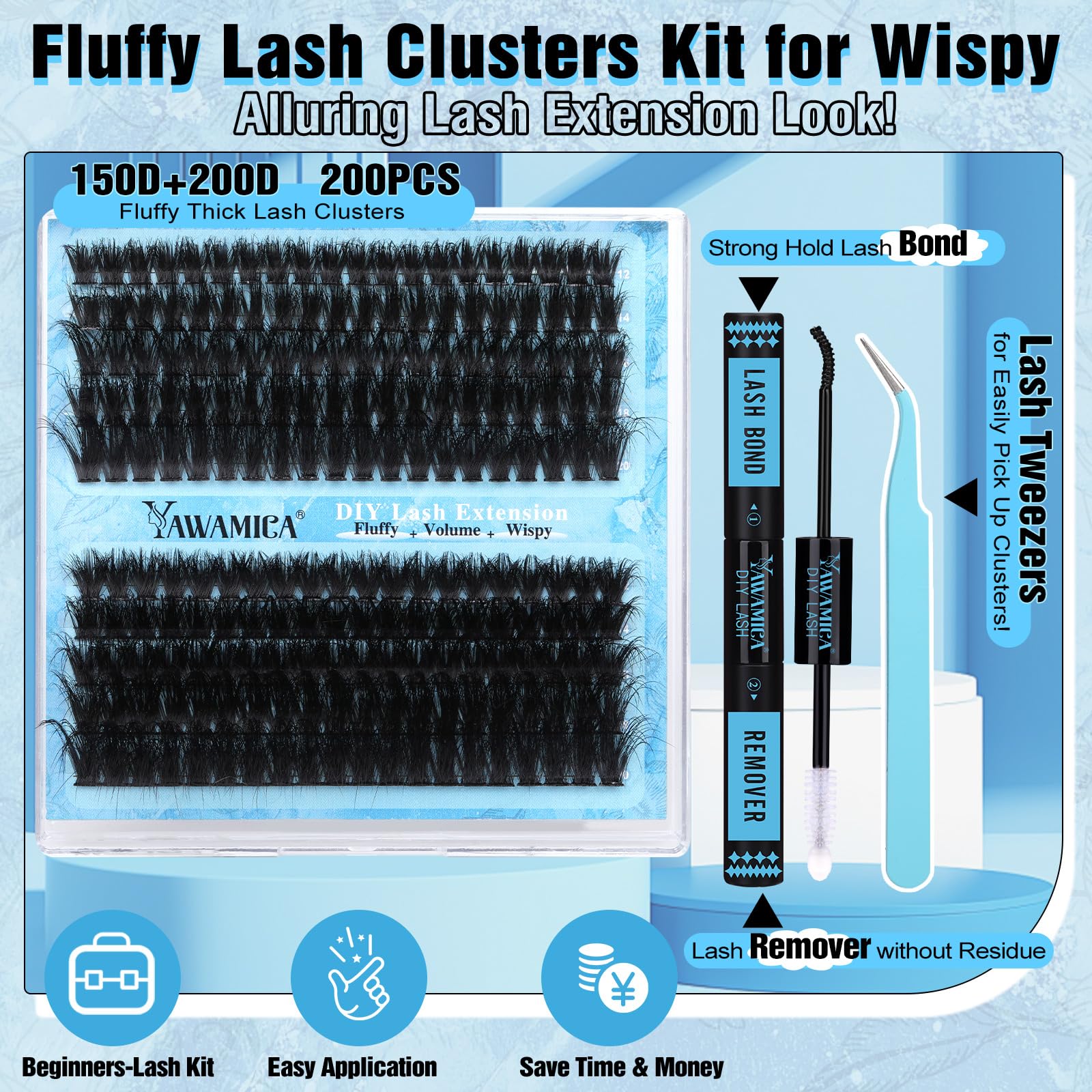 Yawamica Lash Extension Kit Fluffier 150D+200D Clusters | DIY Lashes 12-20mm with Bond, Remover & Tweezers