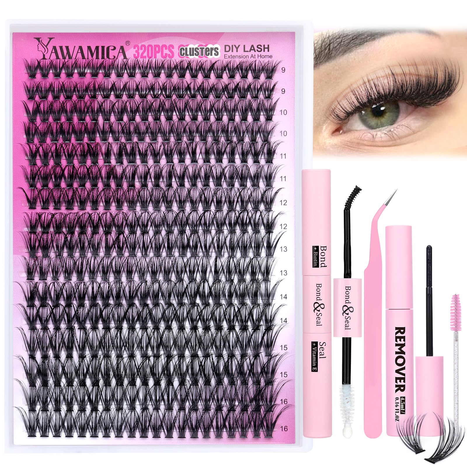 Yawamica Lash Clusters Kit 320pcs — DIY D-Curl Lashes 9-16mm with Bond, Seal & Tools