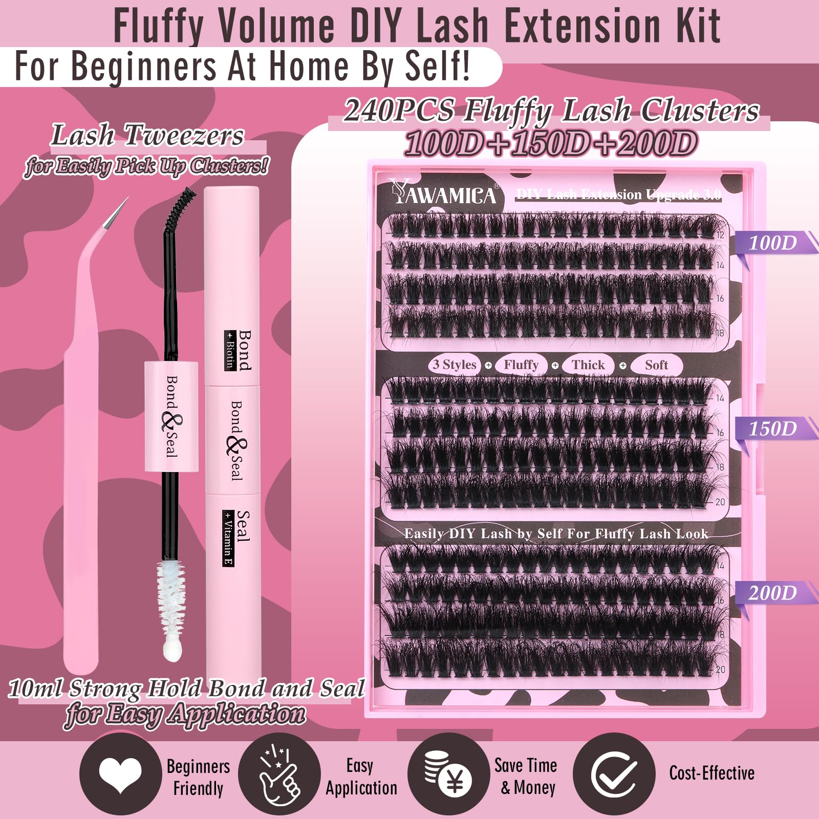 Yawamica Eyelash Extension Kit – Fluffy Volume Lashes, 14-20mm D Curl, 240pcs Clusters + Bond & Seal