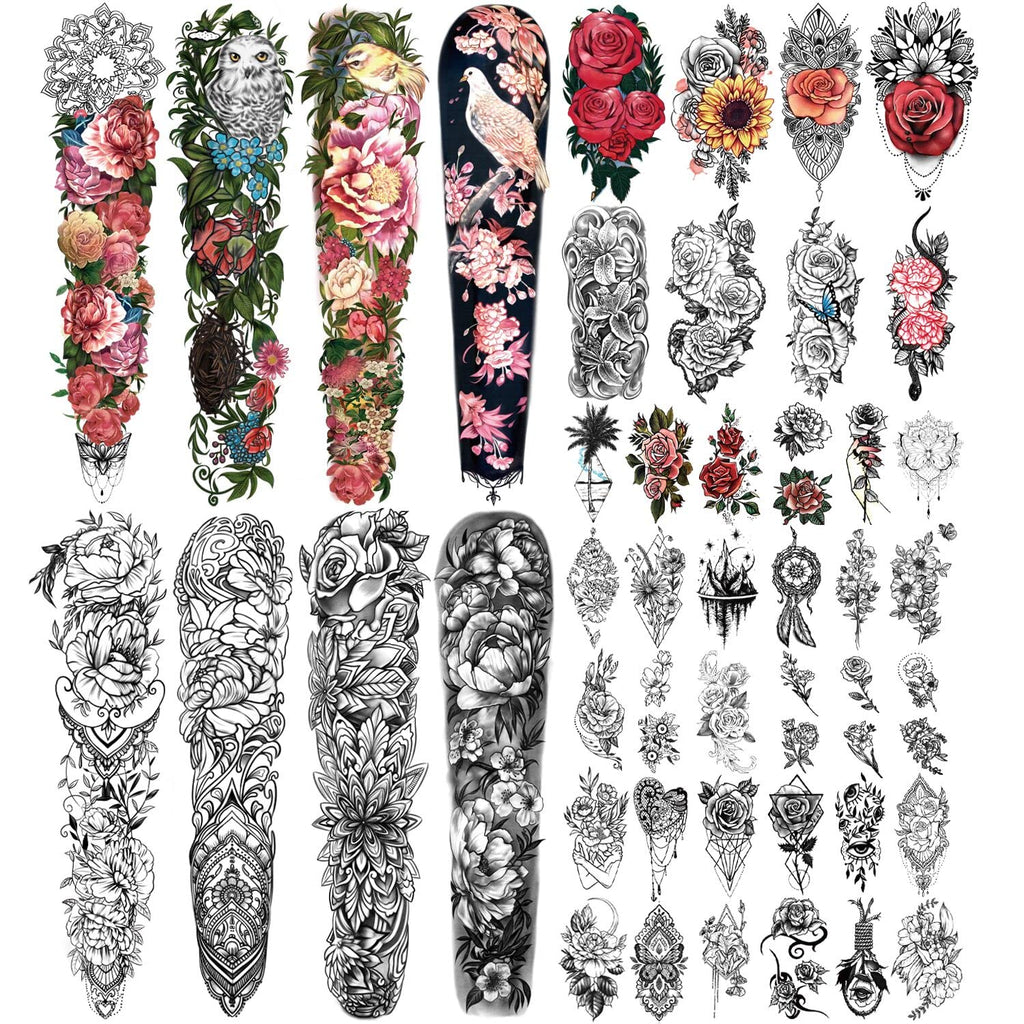 Yazhiji 46-Sheet Full Arm Temporary Tattoos for Women – Realistic Floral Sleeve (Peony, Bird, Daisy, Rose, Chrysanthemum)