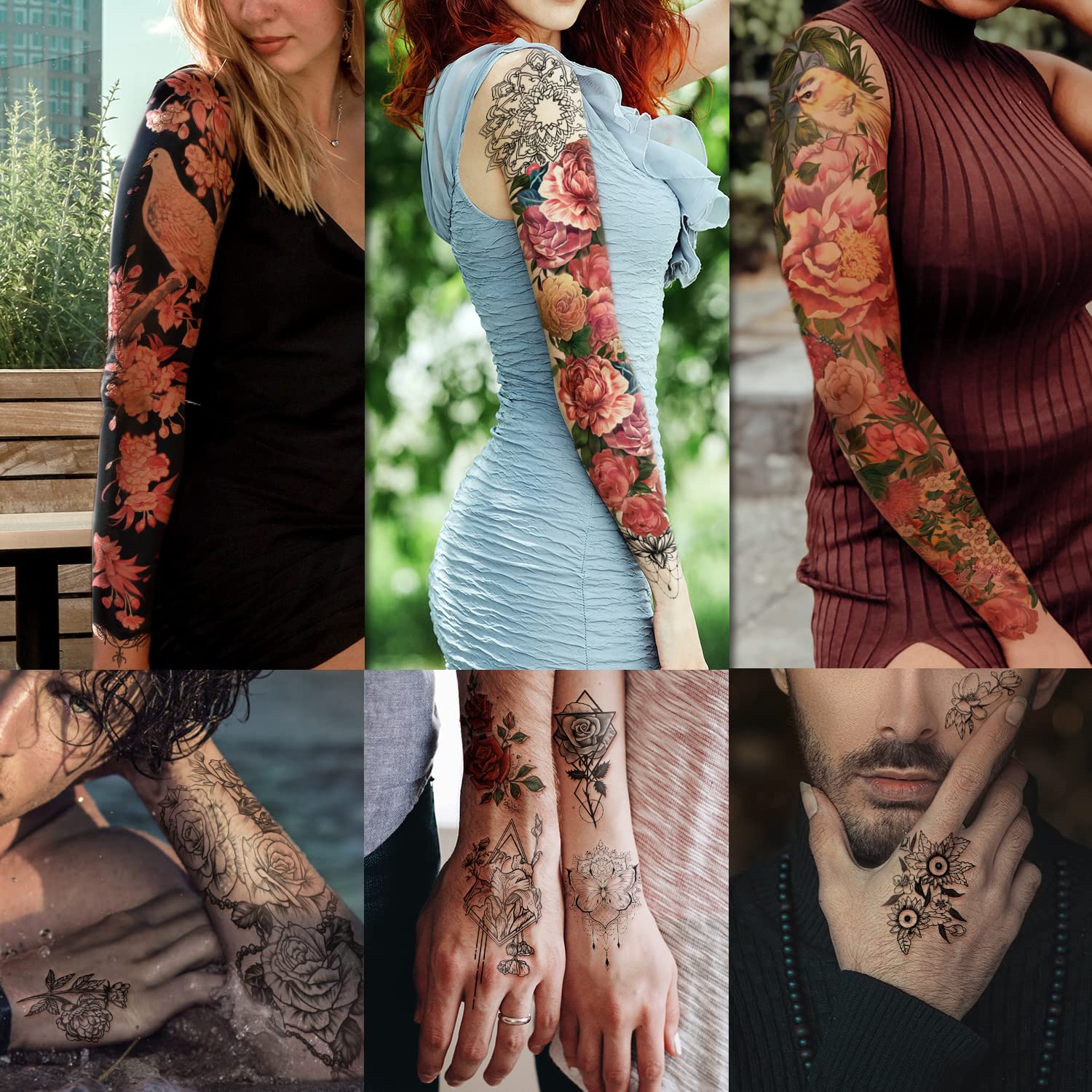 Yazhiji 46-Sheet Full Arm Temporary Tattoos for Women – Realistic Floral Sleeve (Peony, Bird, Daisy, Rose, Chrysanthemum)