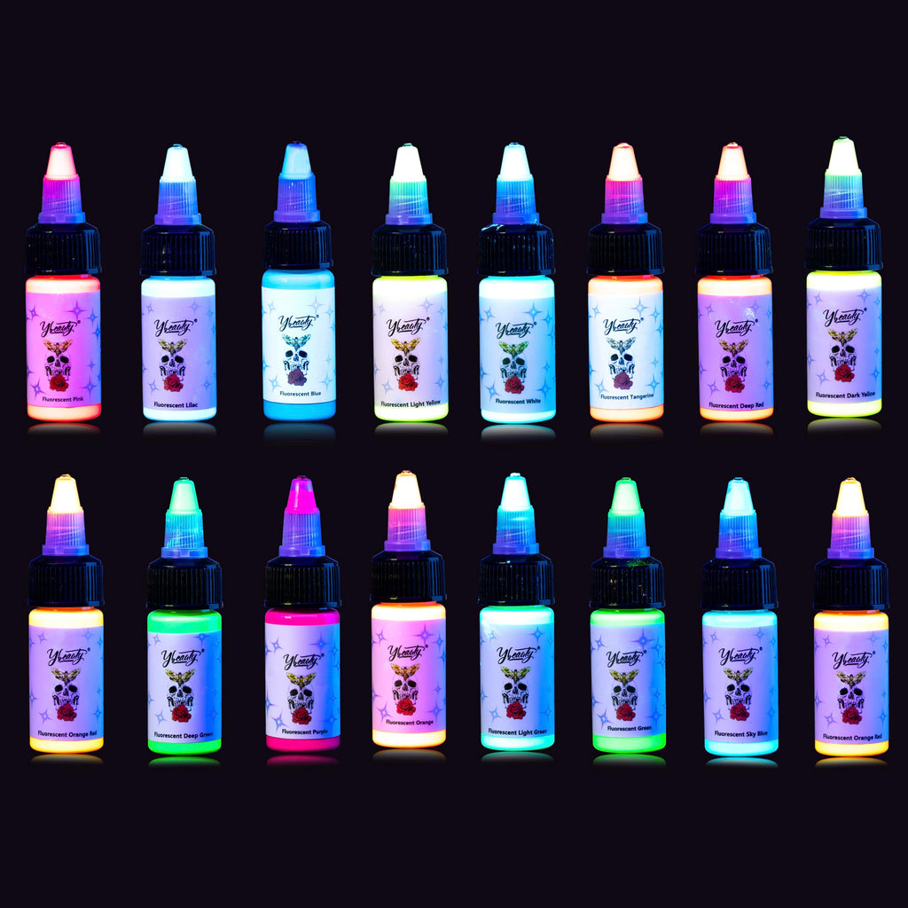 Ybeauty 16 Color Tattoo Ink Set – 16x 15ml Fluorescent UV Glow Inks for Halloween & Cosplay