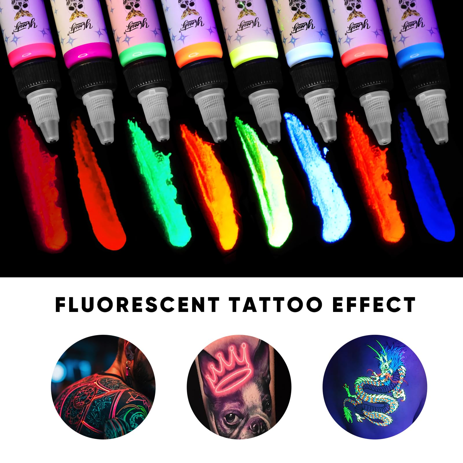 Ybeauty Tattoo Ink Set – 8 Fluorescent UV Inks, 15ml Bottles (1/2 oz each)