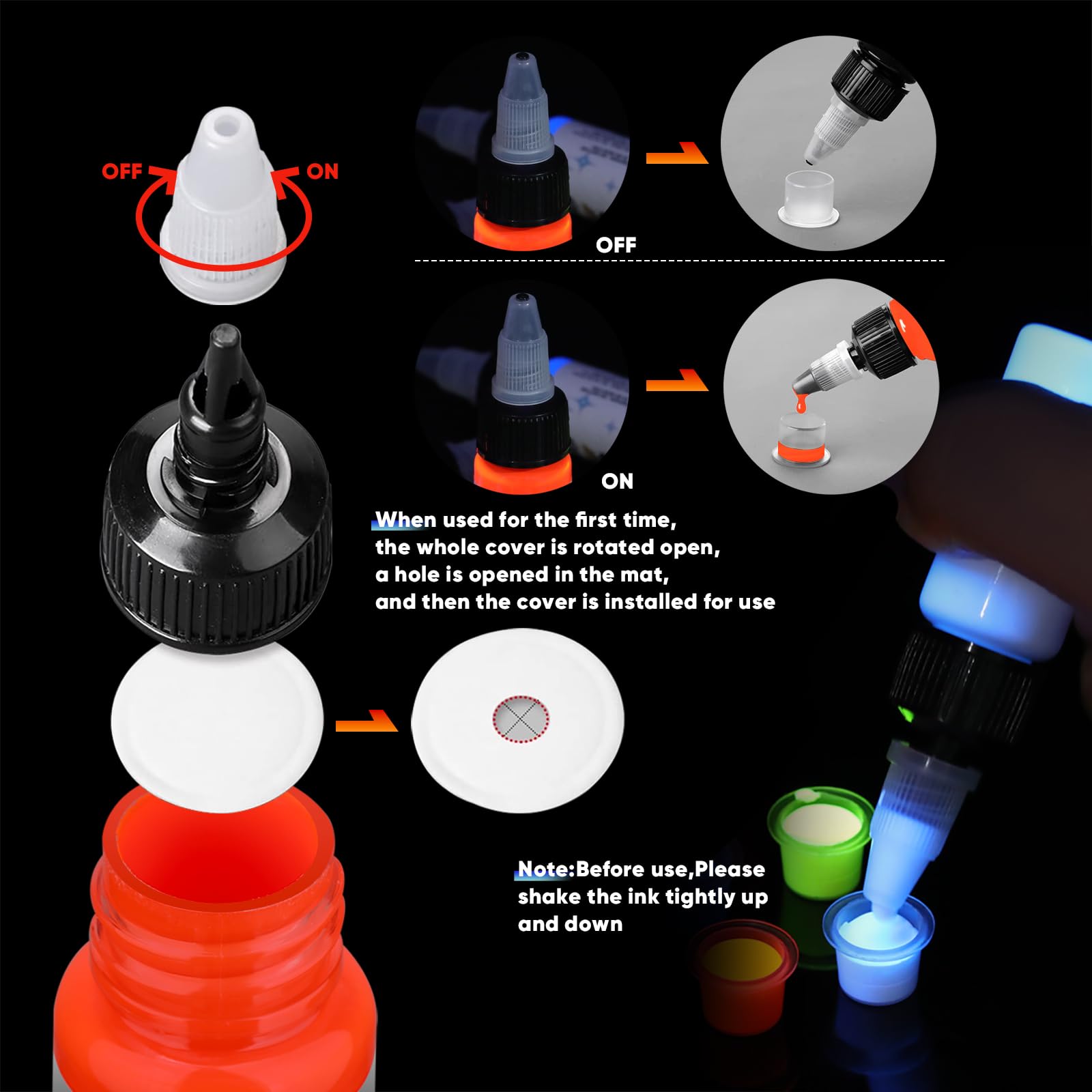 Ybeauty Tattoo Ink Set – 8 Fluorescent UV Inks, 15ml Bottles (1/2 oz each)