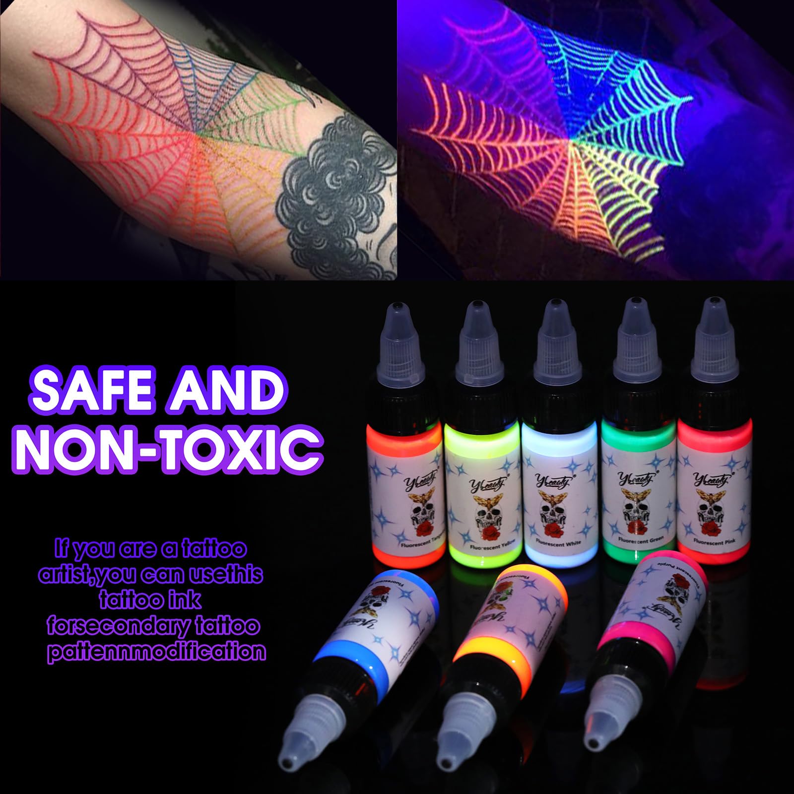 Ybeauty Tattoo Ink Set – 8 Fluorescent UV Inks, 15ml Bottles (1/2 oz each)