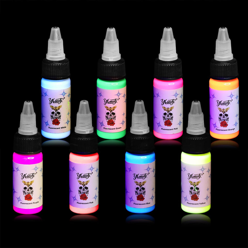 Ybeauty Tattoo Ink Set – 8 Fluorescent UV Inks, 15ml Bottles (1/2 oz each)