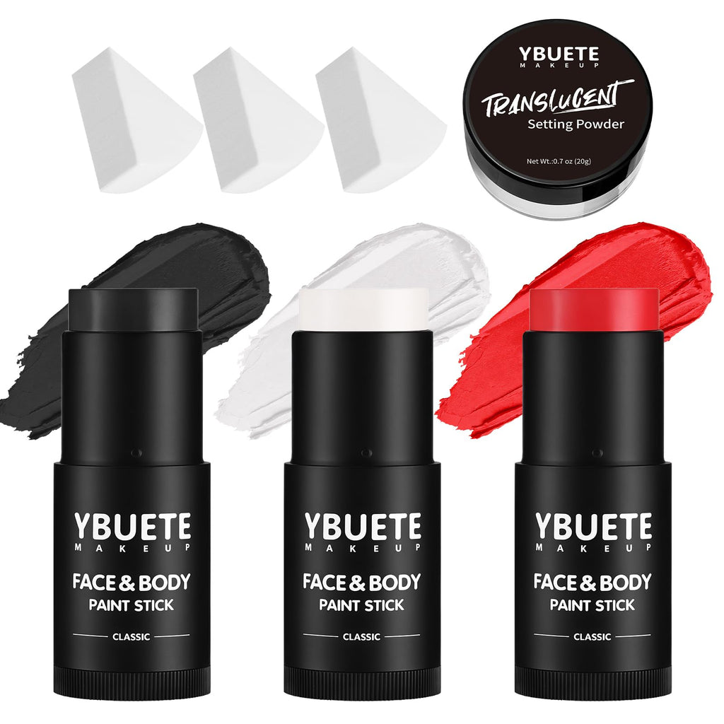 YBUETE Black White Red Face & Body Paint Stick Set with Translucent Setting Powder – SFX Makeup for Halloween & Cosplay