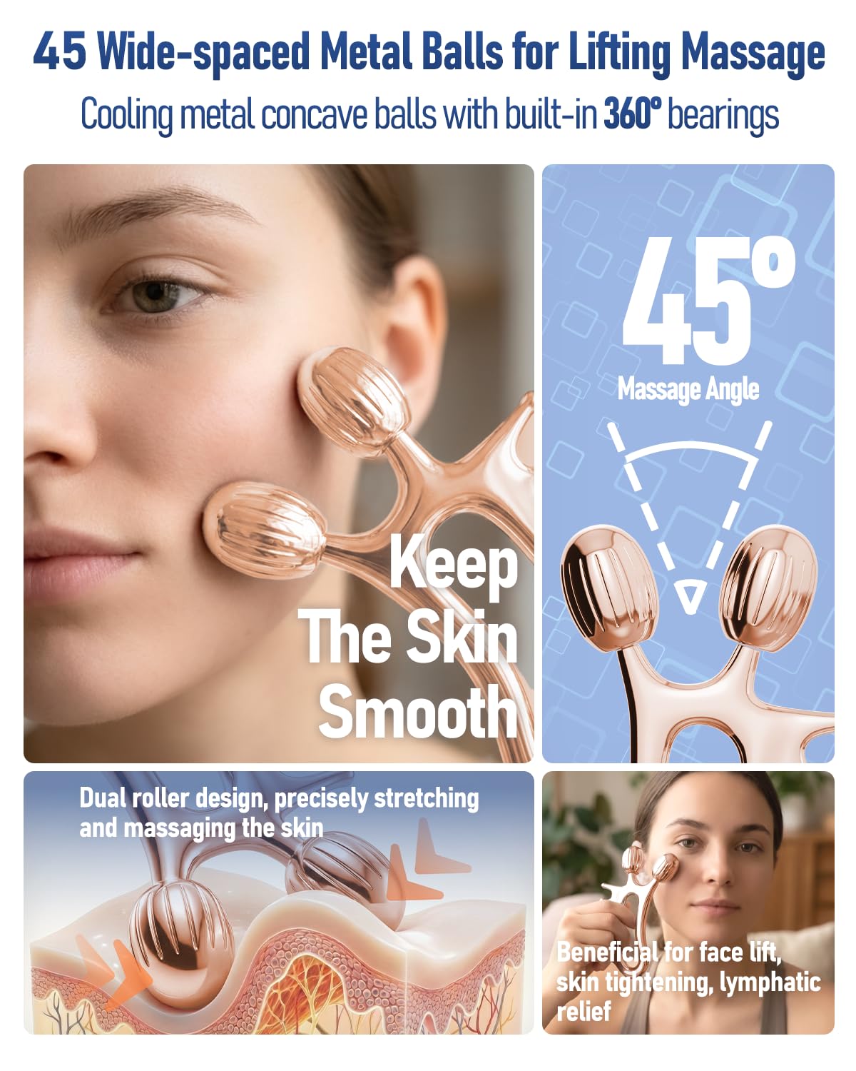 Yeamon 3-in-1 Gua Sha Set – Rose Gold Roller & Comb for Facial Contouring