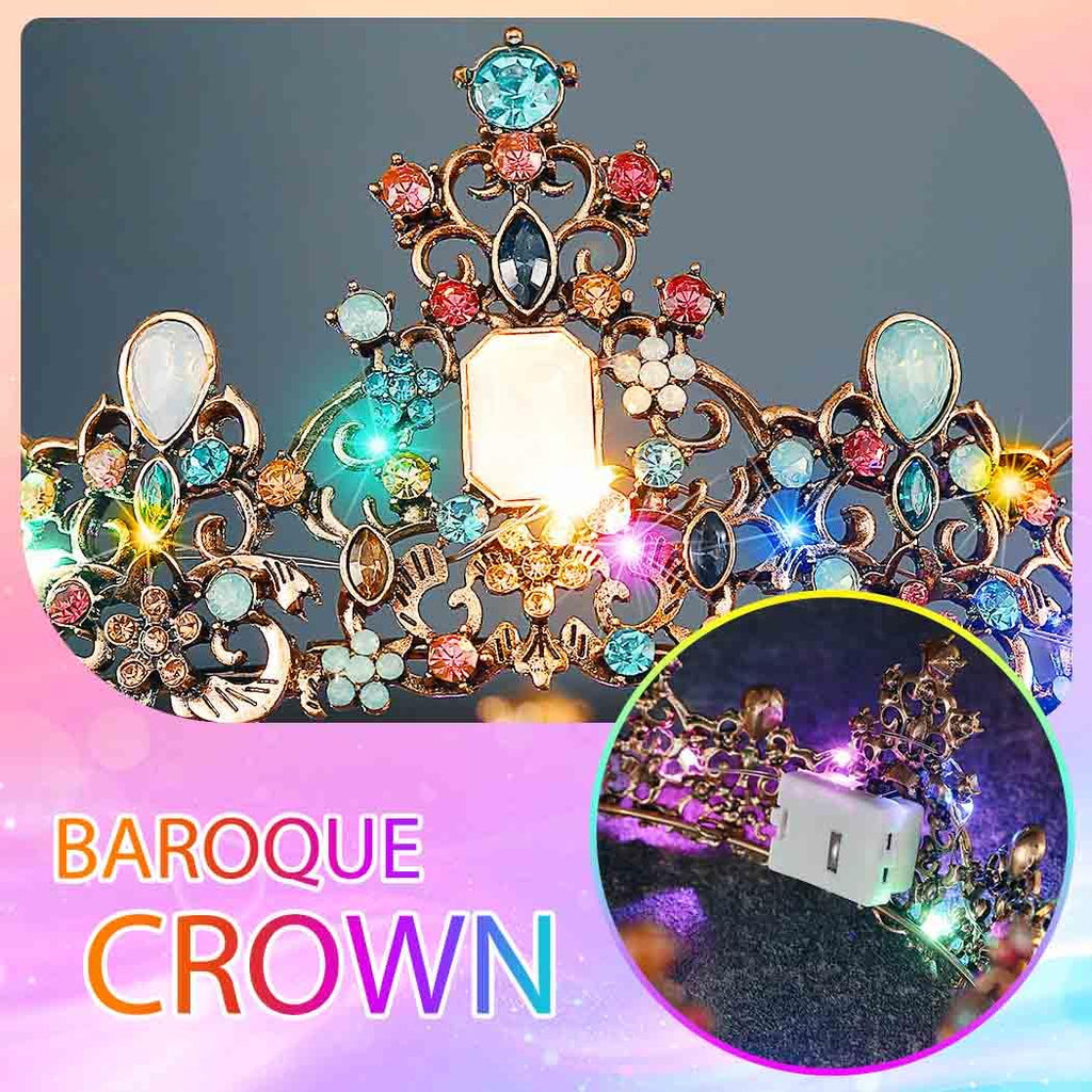 Yean LED Baroque Crown – Gold Rhinestone Tiara for Weddings & Parties