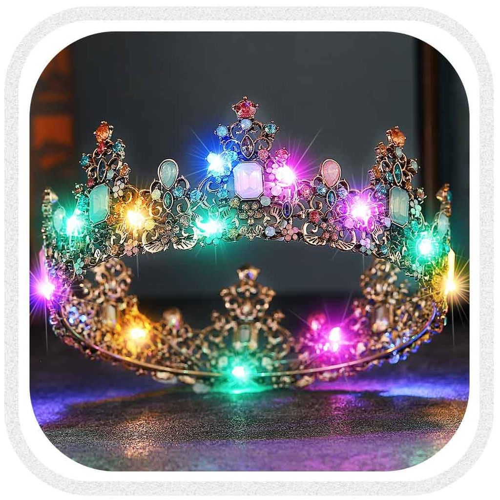 Yean LED Baroque Crown – Gold Rhinestone Tiara for Weddings & Parties