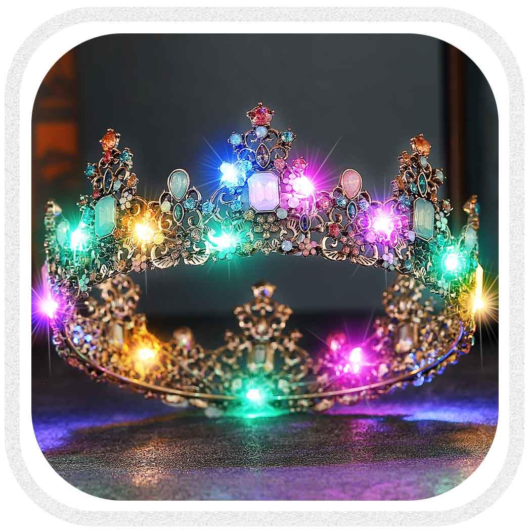 Yean LED Baroque Crown – Gold Rhinestone Tiara for Weddings & Parties