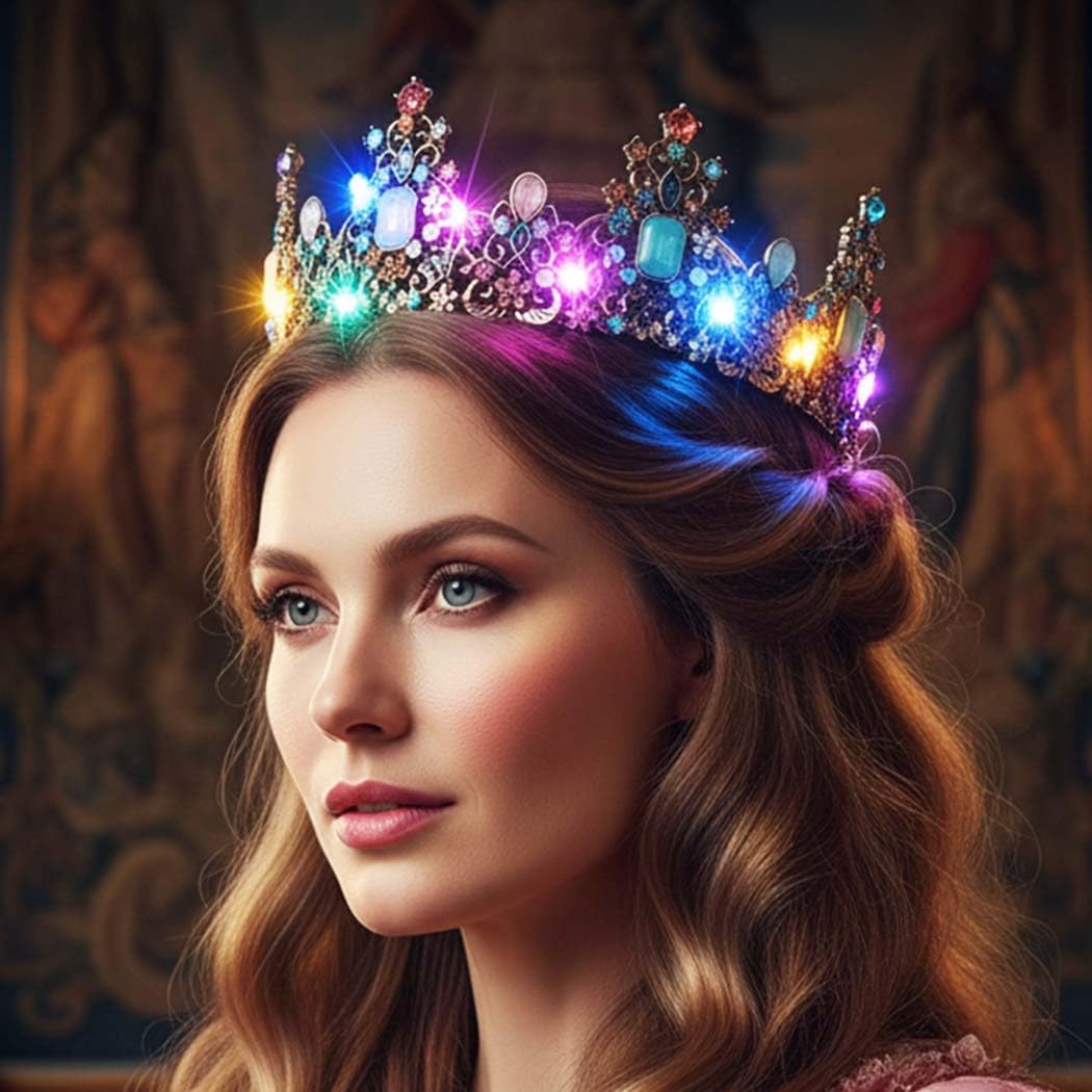 Yean LED Baroque Crown – Gold Rhinestone Tiara for Weddings & Parties