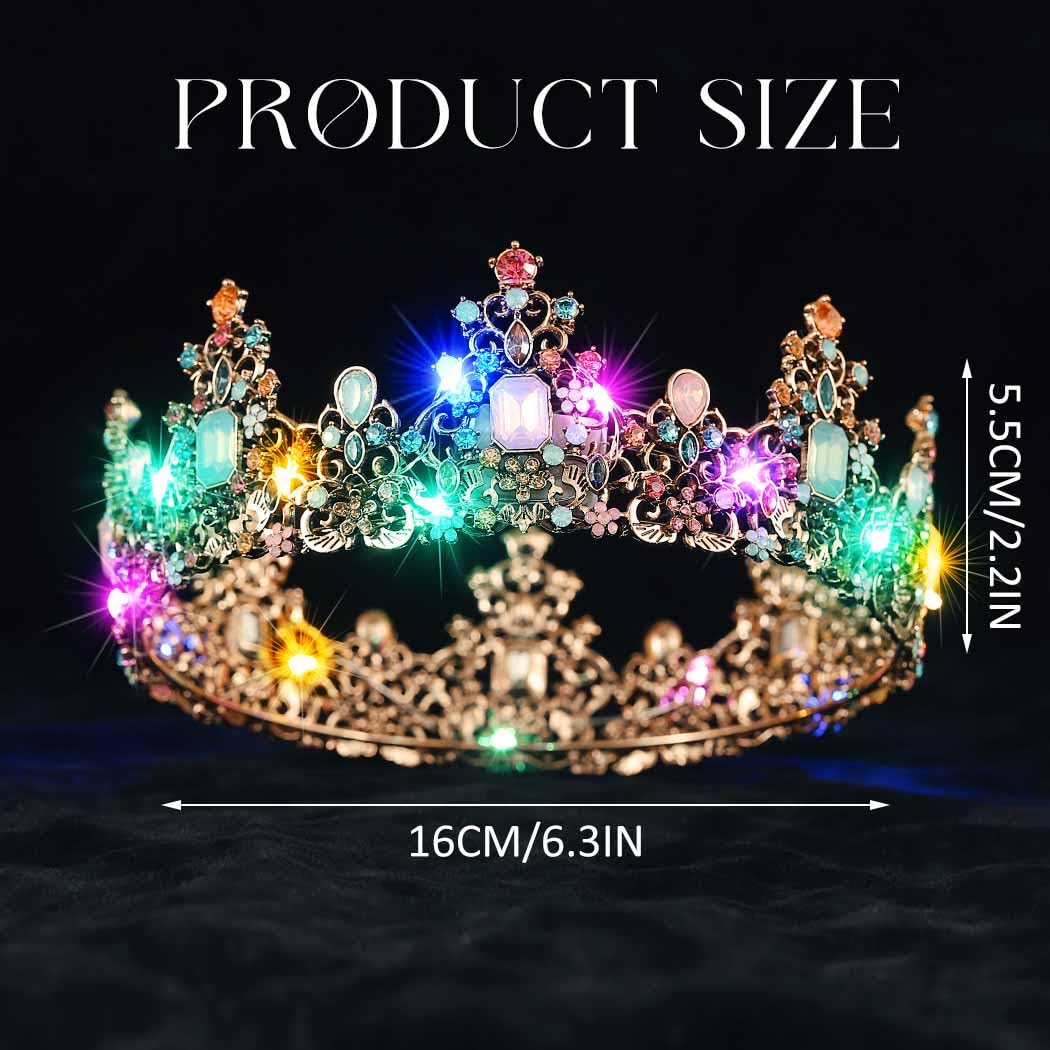 Yean LED Baroque Crown – Gold Rhinestone Tiara for Weddings & Parties
