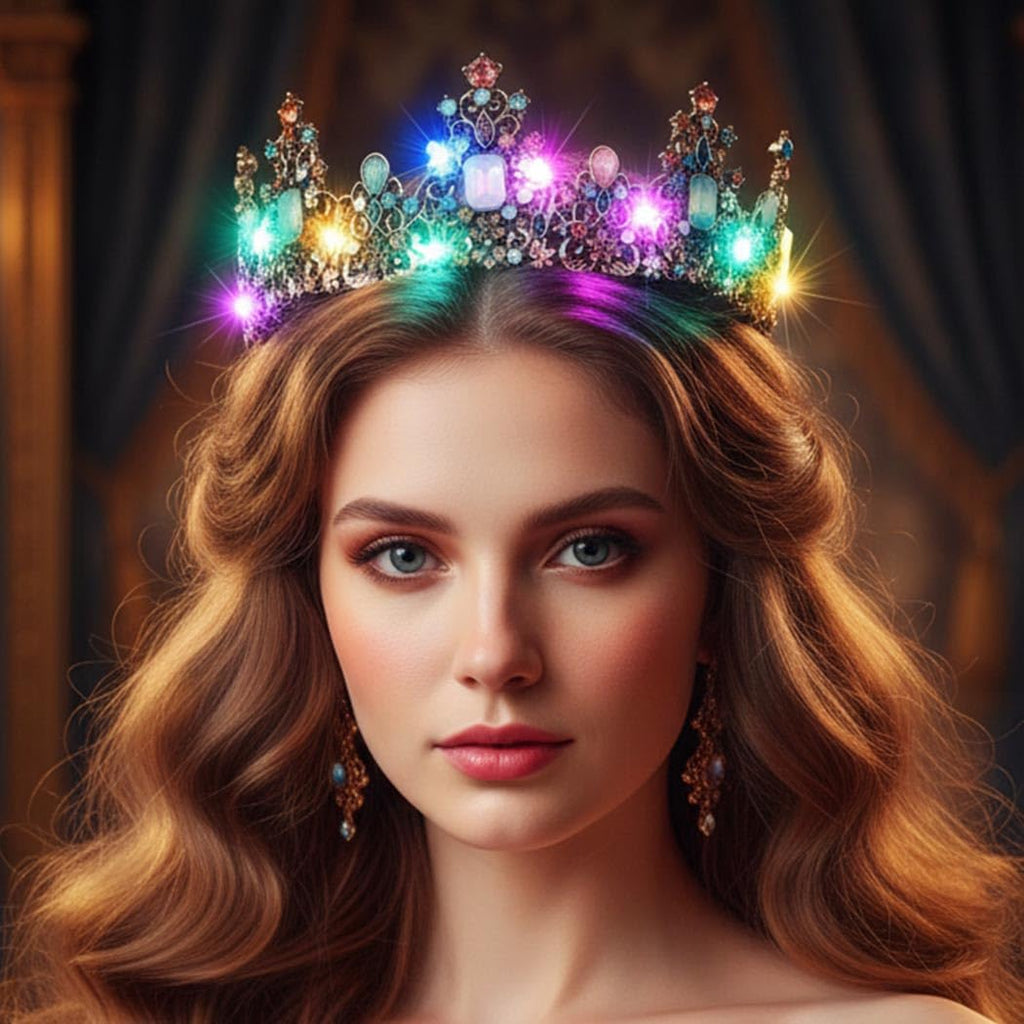 Yean LED Baroque Crown – Gold Rhinestone Tiara for Weddings & Parties