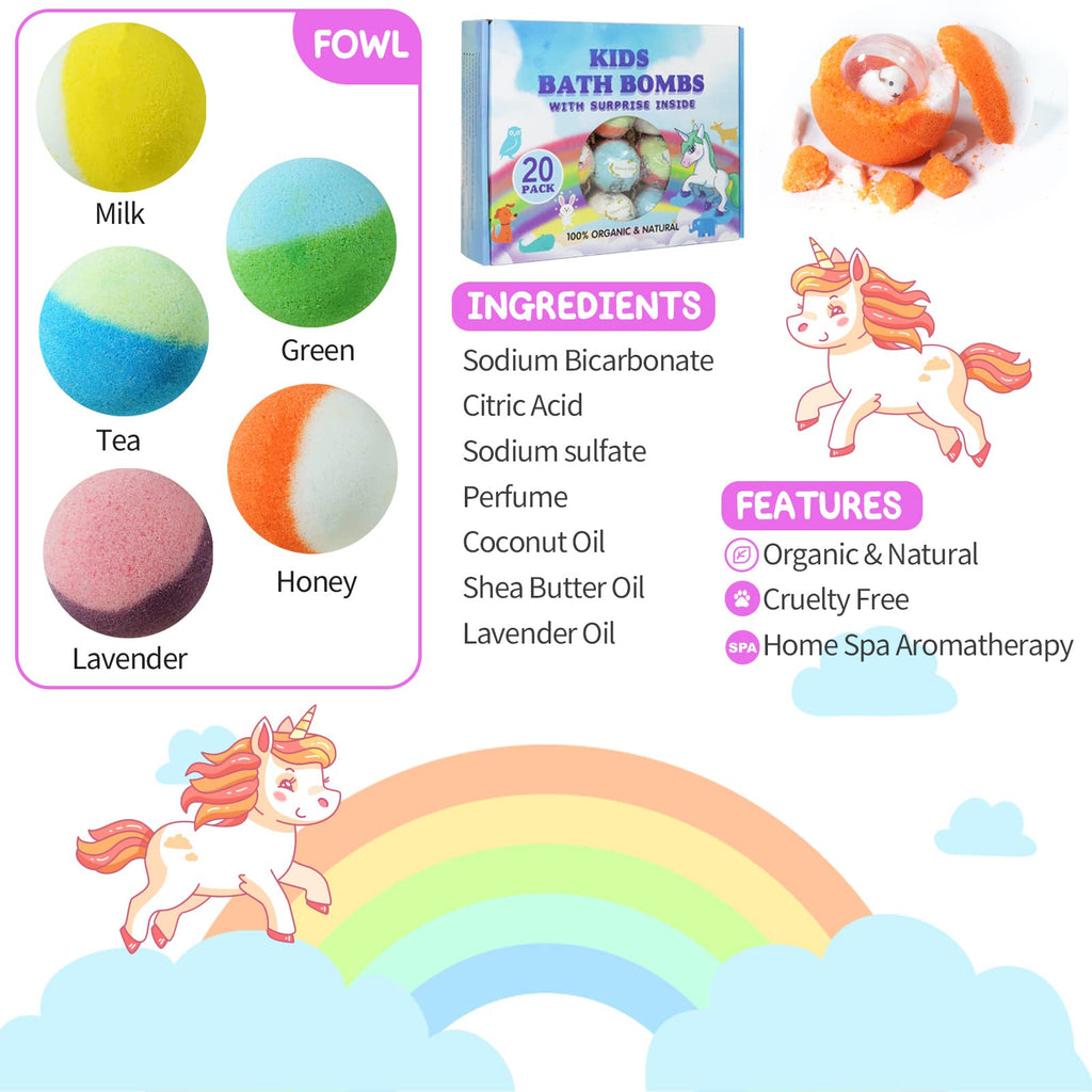 Yekery Bath Bomb Gift Set – 20 Pack with Surprise Toys Inside | Kids Safe Handmade Fizzy Balls