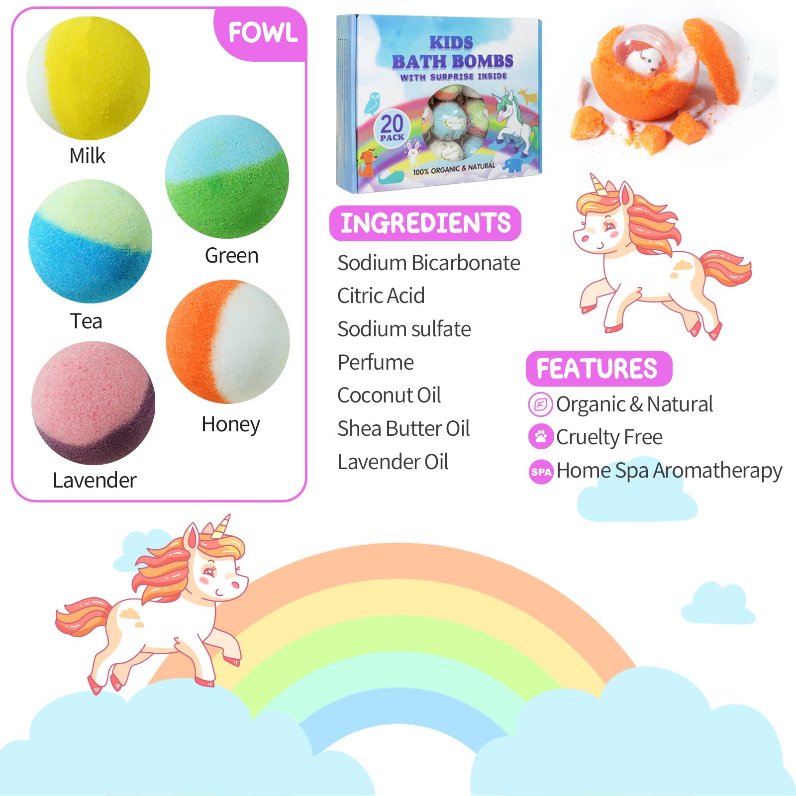 Yekery Bath Bomb Gift Set – 20 Pack with Surprise Toys Inside | Kids Safe Handmade Fizzy Balls