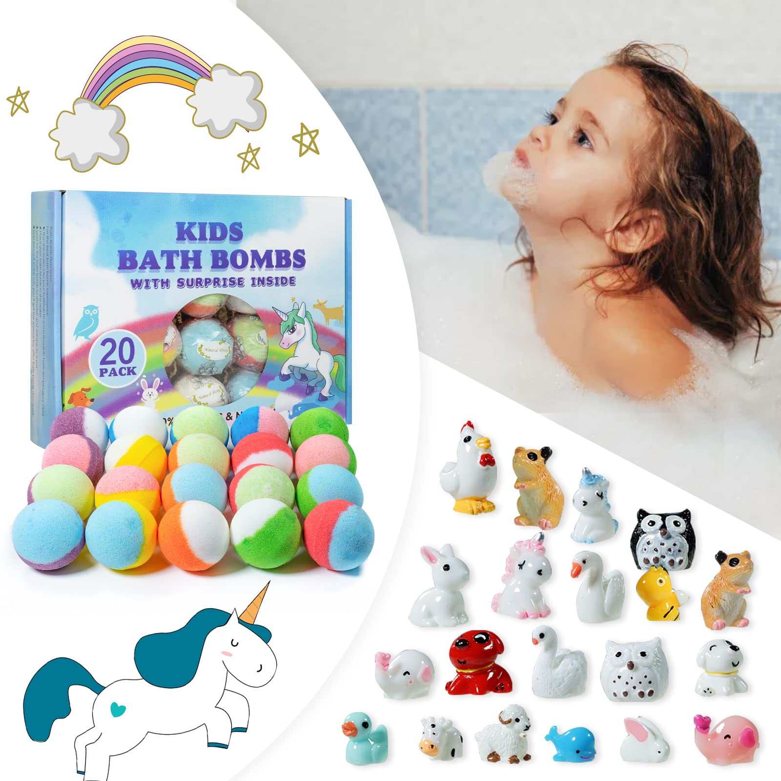 Yekery Bath Bomb Gift Set – 20 Pack with Surprise Toys Inside | Kids Safe Handmade Fizzy Balls