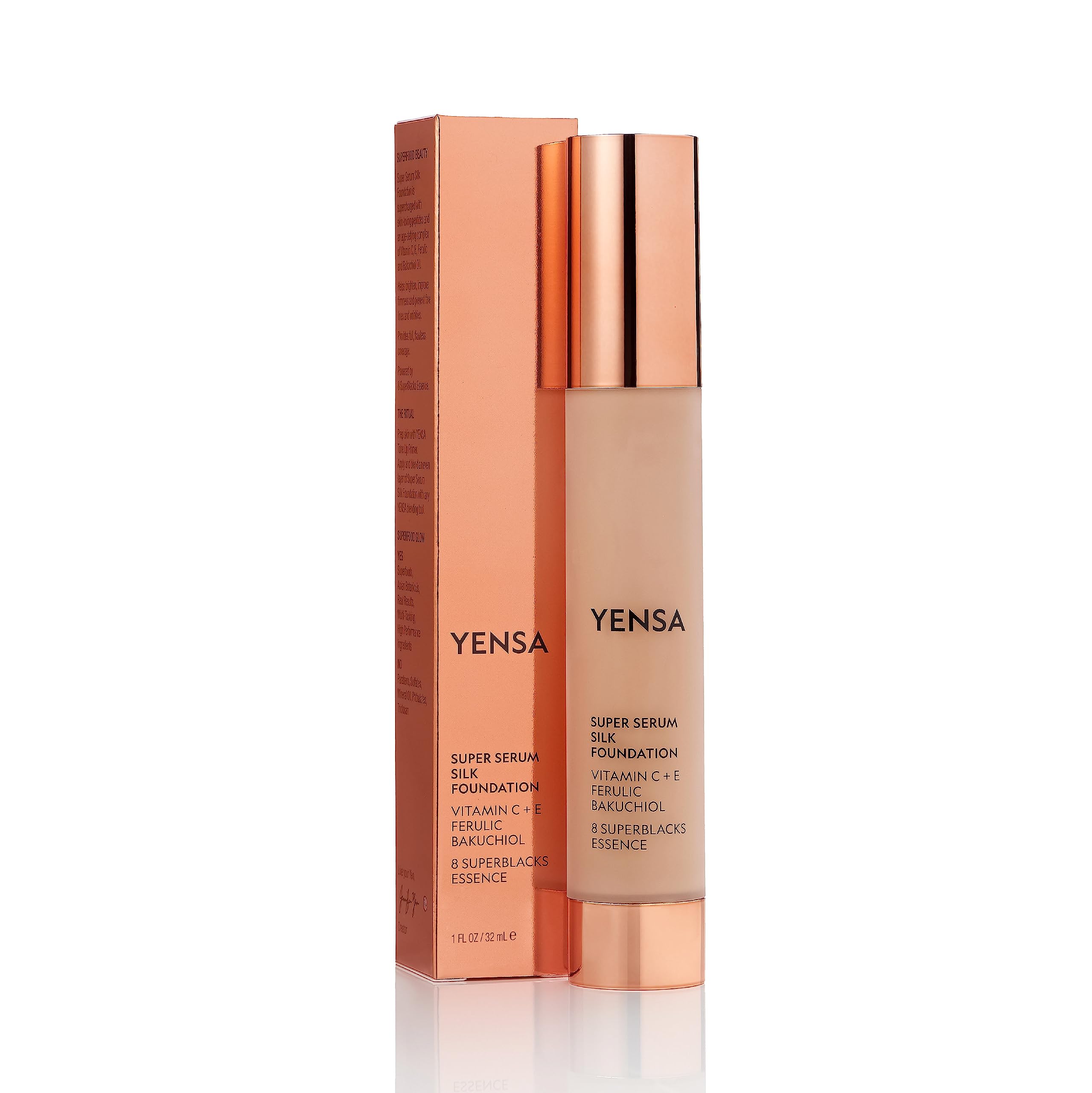 YENSA Serum Foundation Makeup - Super Silk Full Coverage with Peptides, Vitamin C & Ferulic Acid | Tan 1 (1 oz)