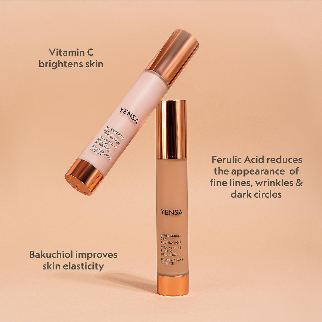 YENSA Serum Foundation Makeup - Super Silk Full Coverage with Peptides, Vitamin C & Ferulic Acid - Deep 1 (1 oz)