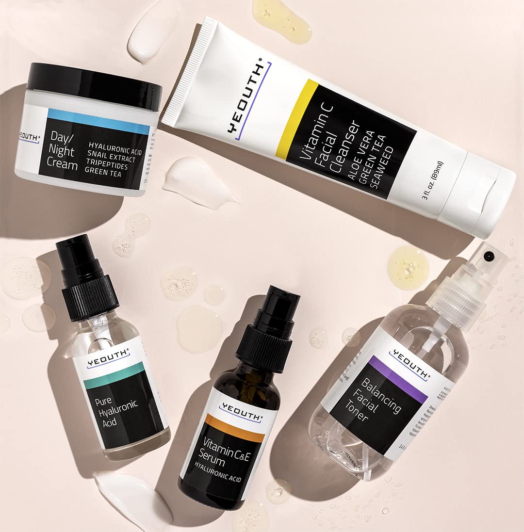 YEOUTH Skin Care Set — Hyaluronic Acid Serum, Vitamin C Serum, Cleanser, Toner & Cream | 5-Piece Gift Set