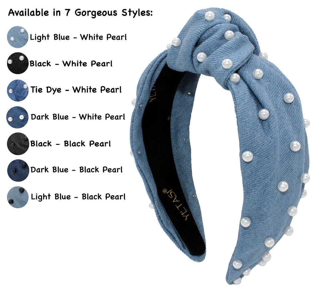 YETASI Denim Blue Pearl Knotted Headband – Soft Fabric Top Knot for Women