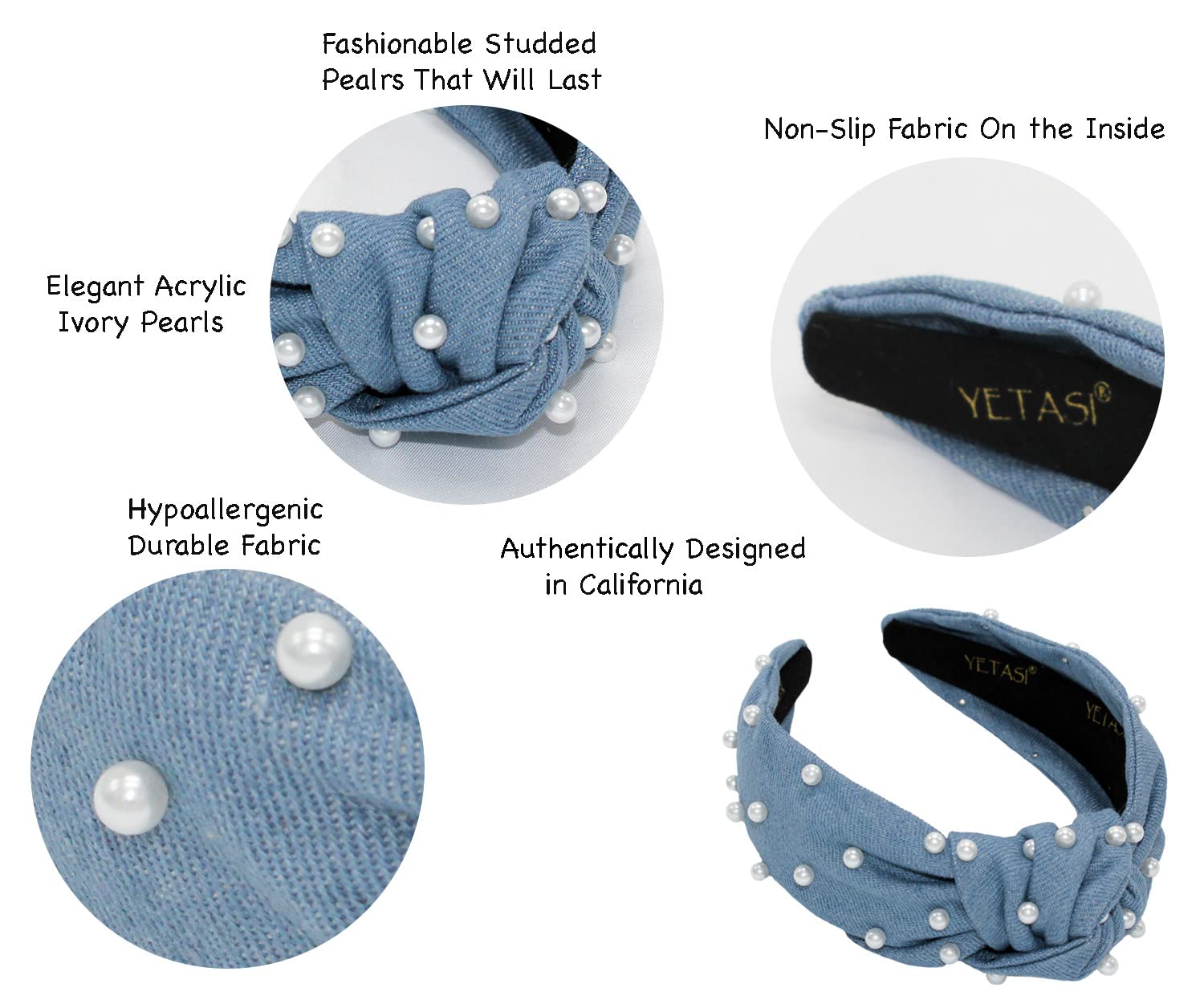 YETASI Denim Blue Pearl Knotted Headband – Soft Fabric Top Knot for Women