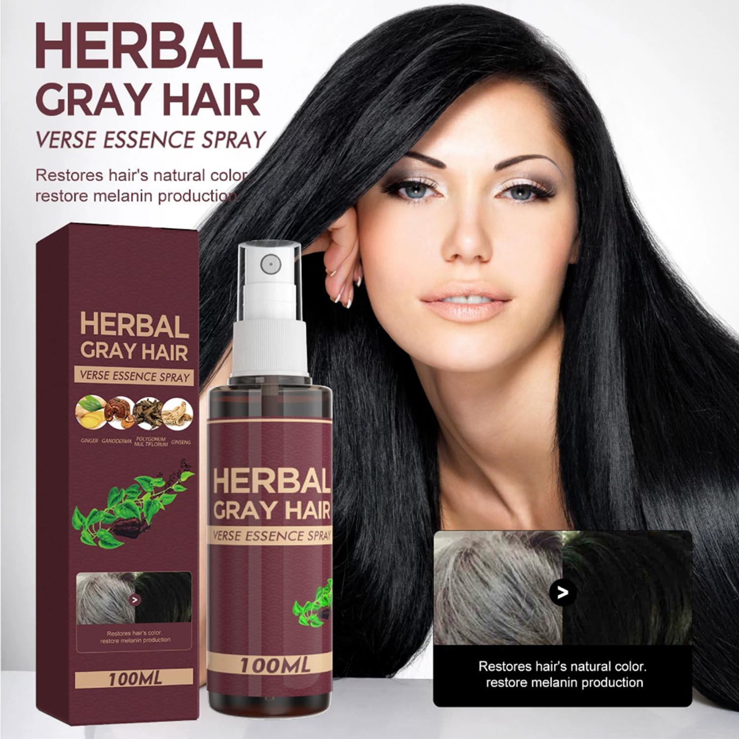 YG LianKai 2Pcs Herbal Essence Hair Spray – Gray Hair Verse Essence Spray, Gradual Natural Hair Darkening (100ml)