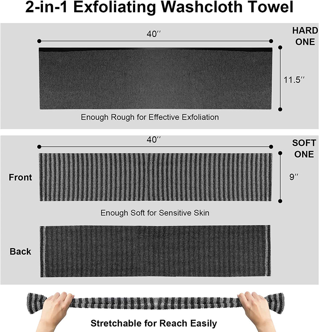 Yiclick Exfoliating Body Scrubber – 2 Pack Back Scrubbers, 40 Inch Reach, Japanese Wash Cloth, Black