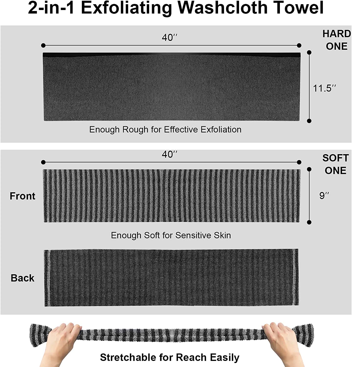 Yiclick Exfoliating Body Scrubber – 2 Pack Back Scrubbers, 40 Inch Reach, Japanese Wash Cloth, Black
