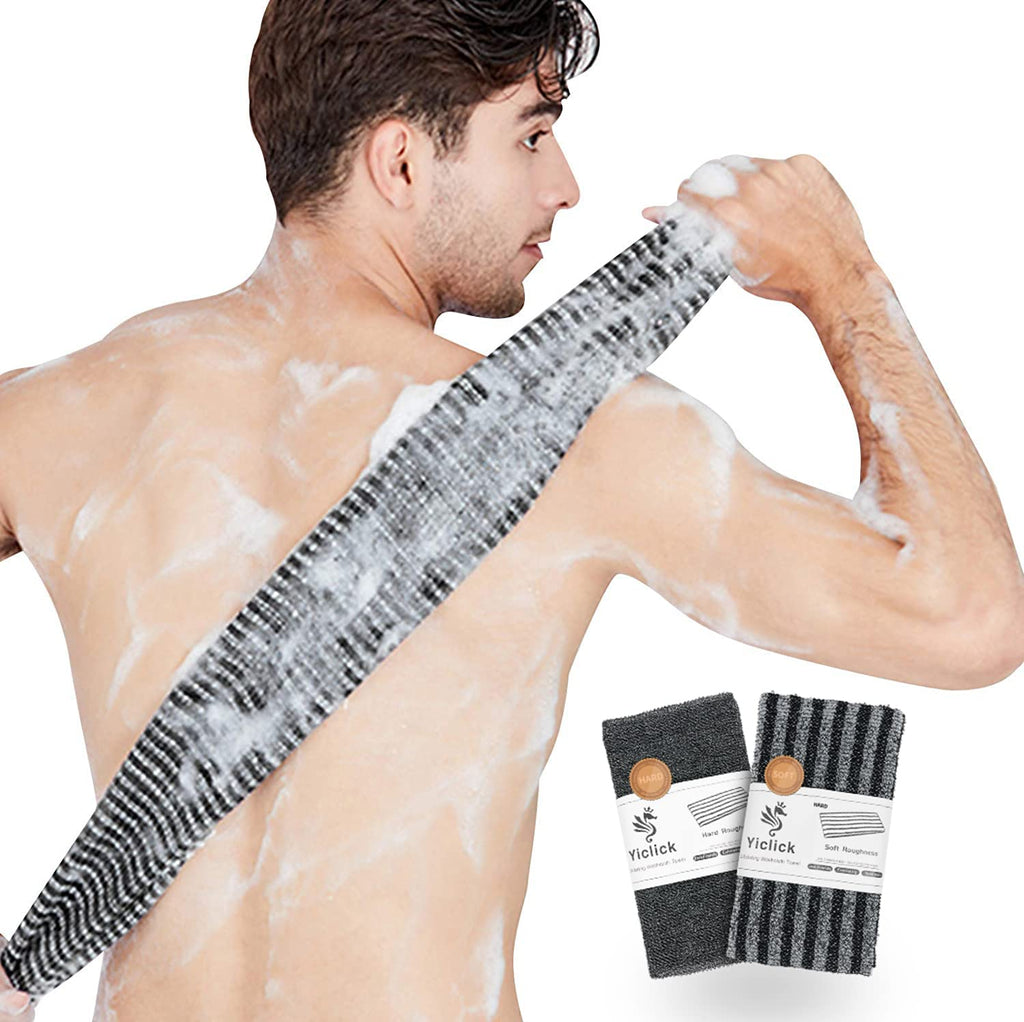 Yiclick Exfoliating Body Scrubber – 2 Pack Back Scrubbers, 40 Inch Reach, Japanese Wash Cloth, Black