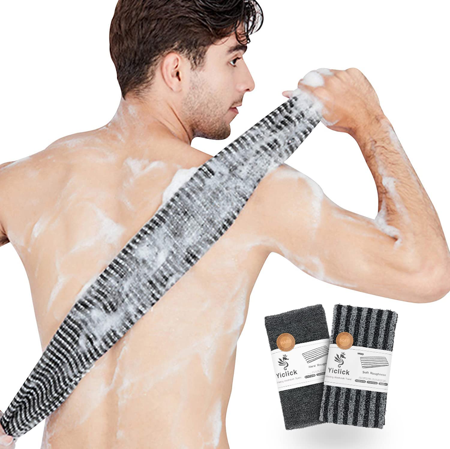 Yiclick Exfoliating Body Scrubber – 2 Pack Back Scrubbers, 40 Inch Reach, Japanese Wash Cloth, Black