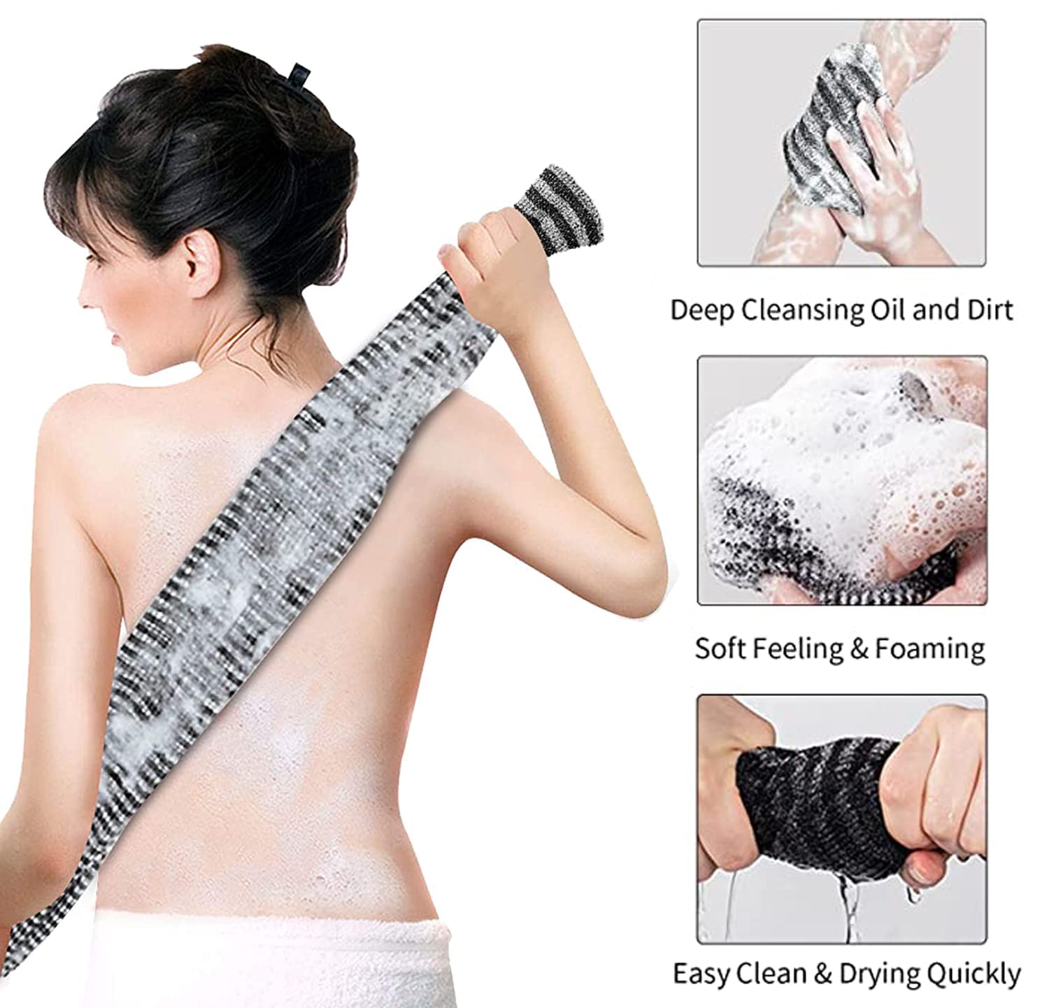 Yiclick Exfoliating Body Scrubber – 2 Pack Back Scrubbers, 40 Inch Reach, Japanese Wash Cloth, Black