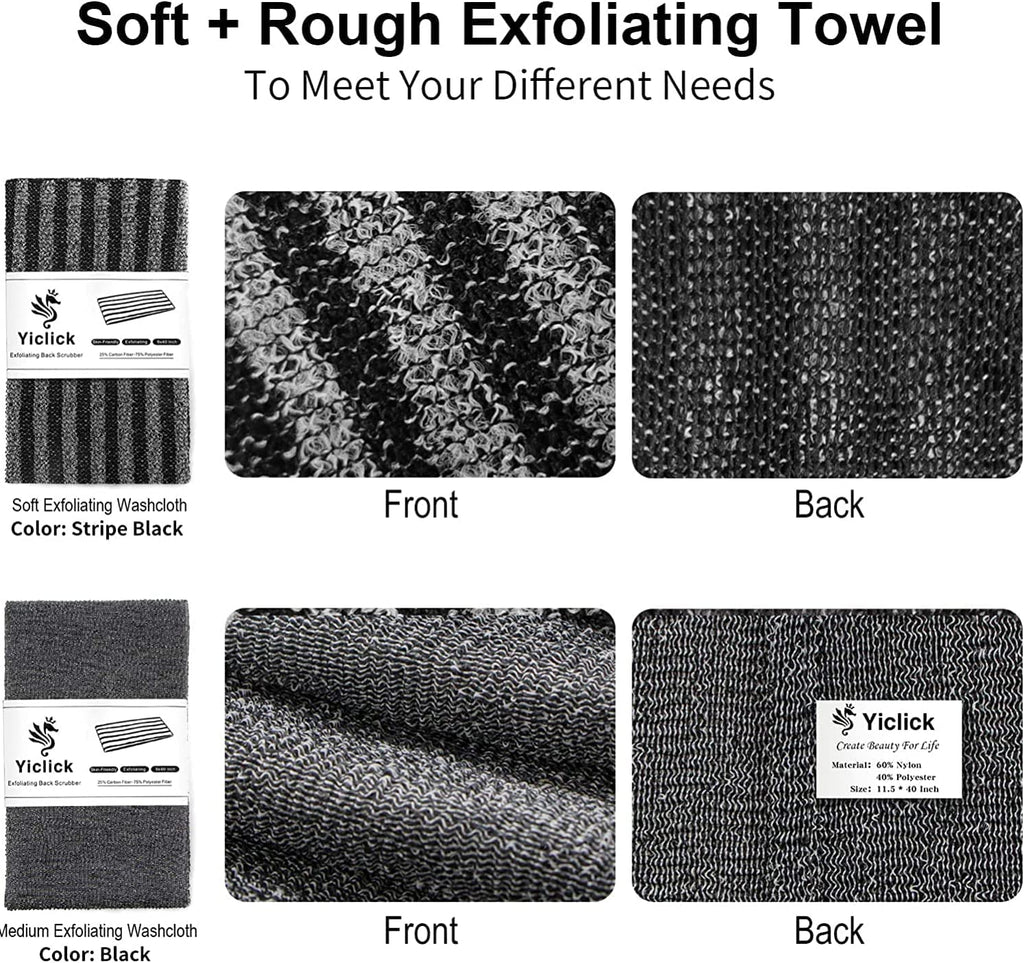 Yiclick Exfoliating Body Scrubber – 2 Pack Back Scrubbers, 40 Inch Reach, Japanese Wash Cloth, Black