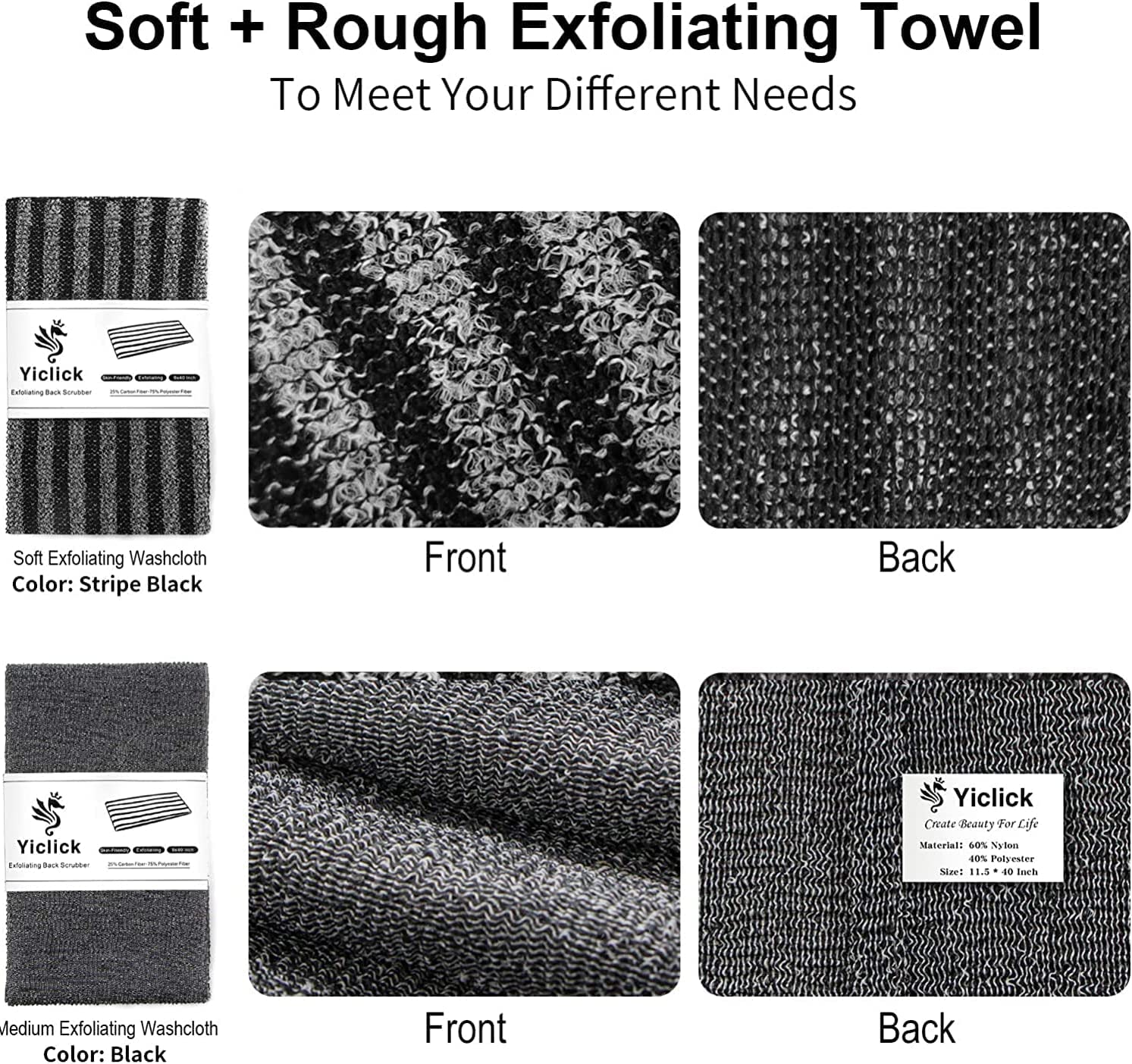 Yiclick Exfoliating Body Scrubber – 2 Pack Back Scrubbers, 40 Inch Reach, Japanese Wash Cloth, Black