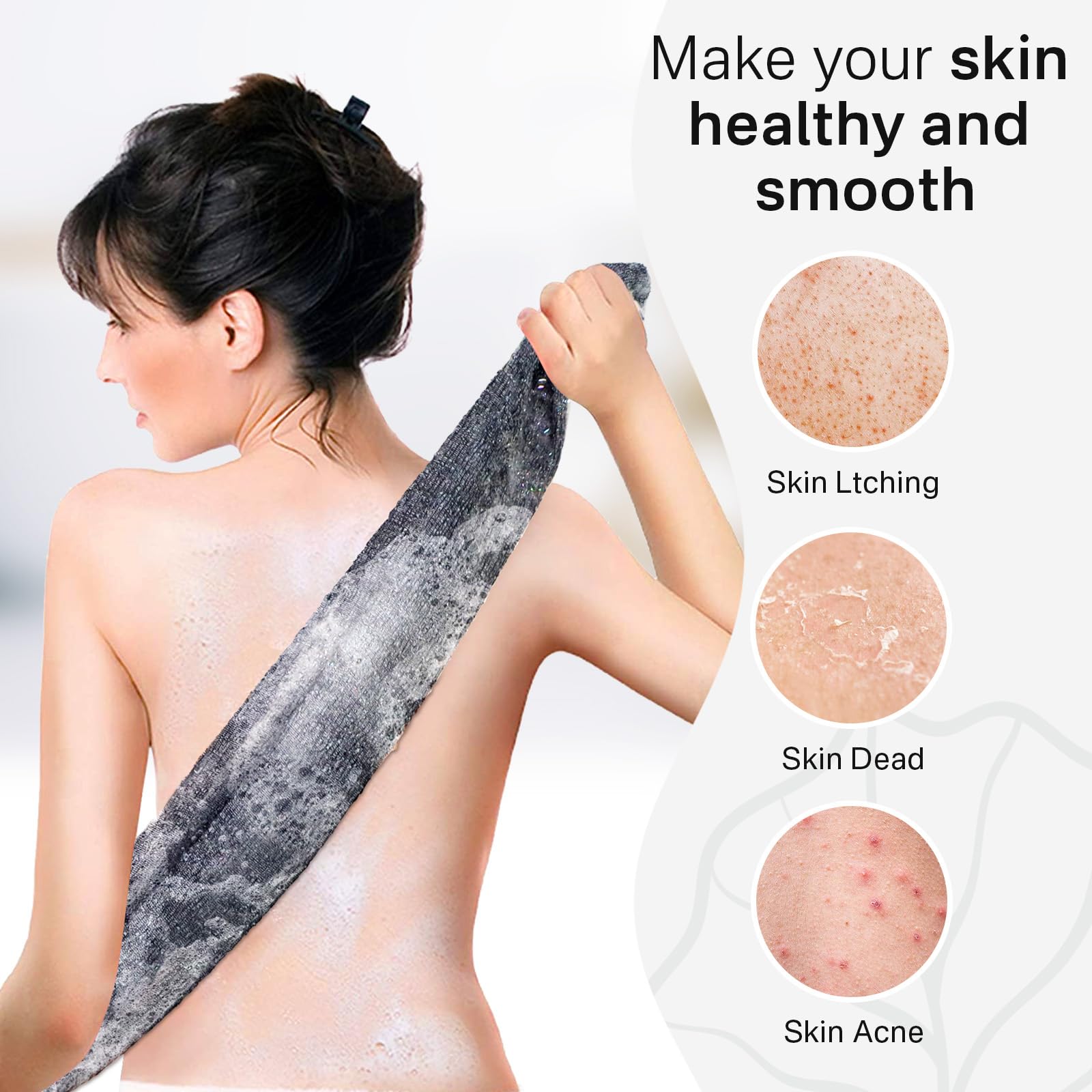 Yiclick Exfoliating Body Scrubber – 2 Pack Back Scrubbers, 40 Inch Reach, Japanese Wash Cloth, Black