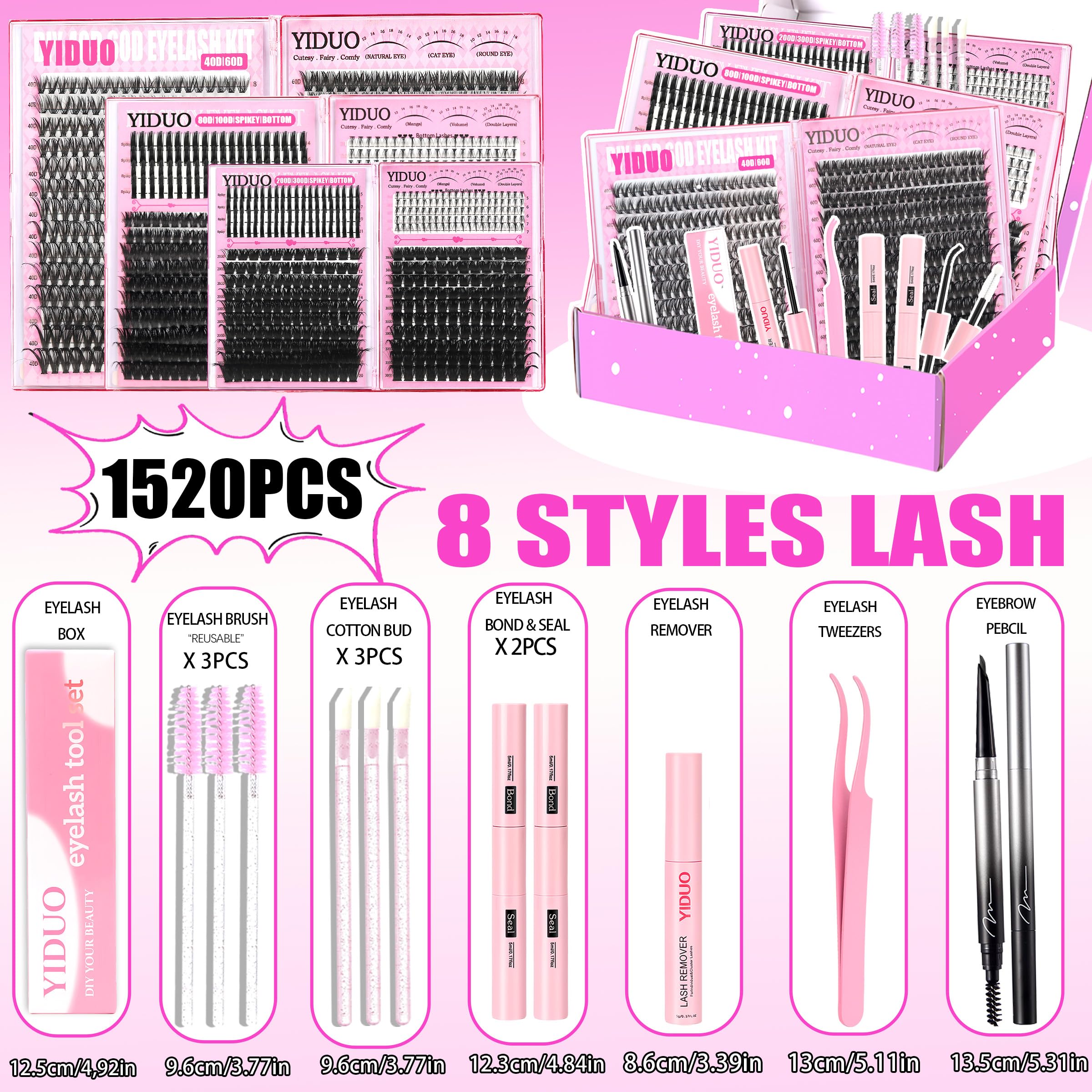 YIDUO 6-Style Lash Clusters Kit – 1520 Pcs with Bond & Seal for DIY Lash Extensions