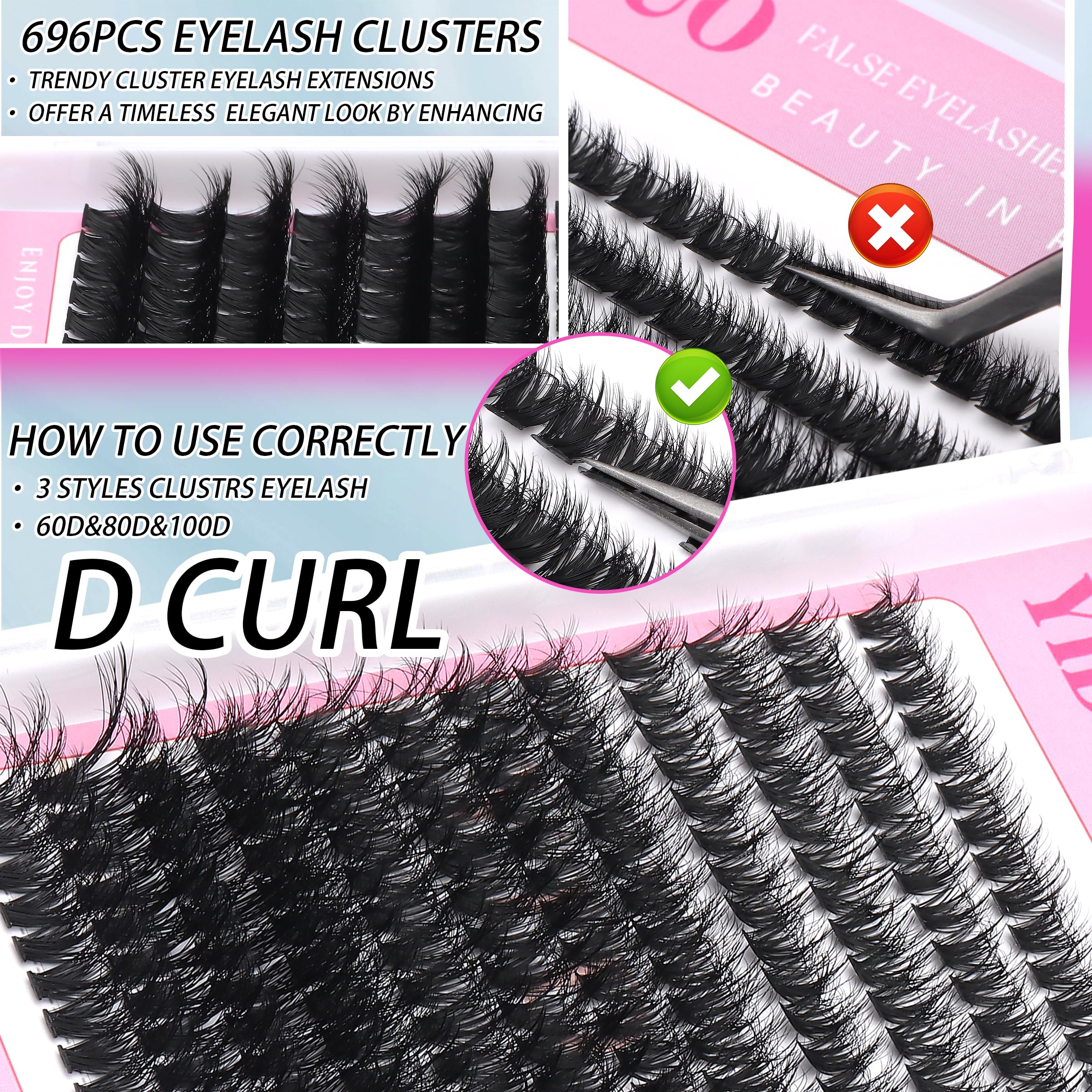 YIDUO Volume Lashes Cluster Kit 60D+80D+100D – 696Pcs DIY Lash Extensions