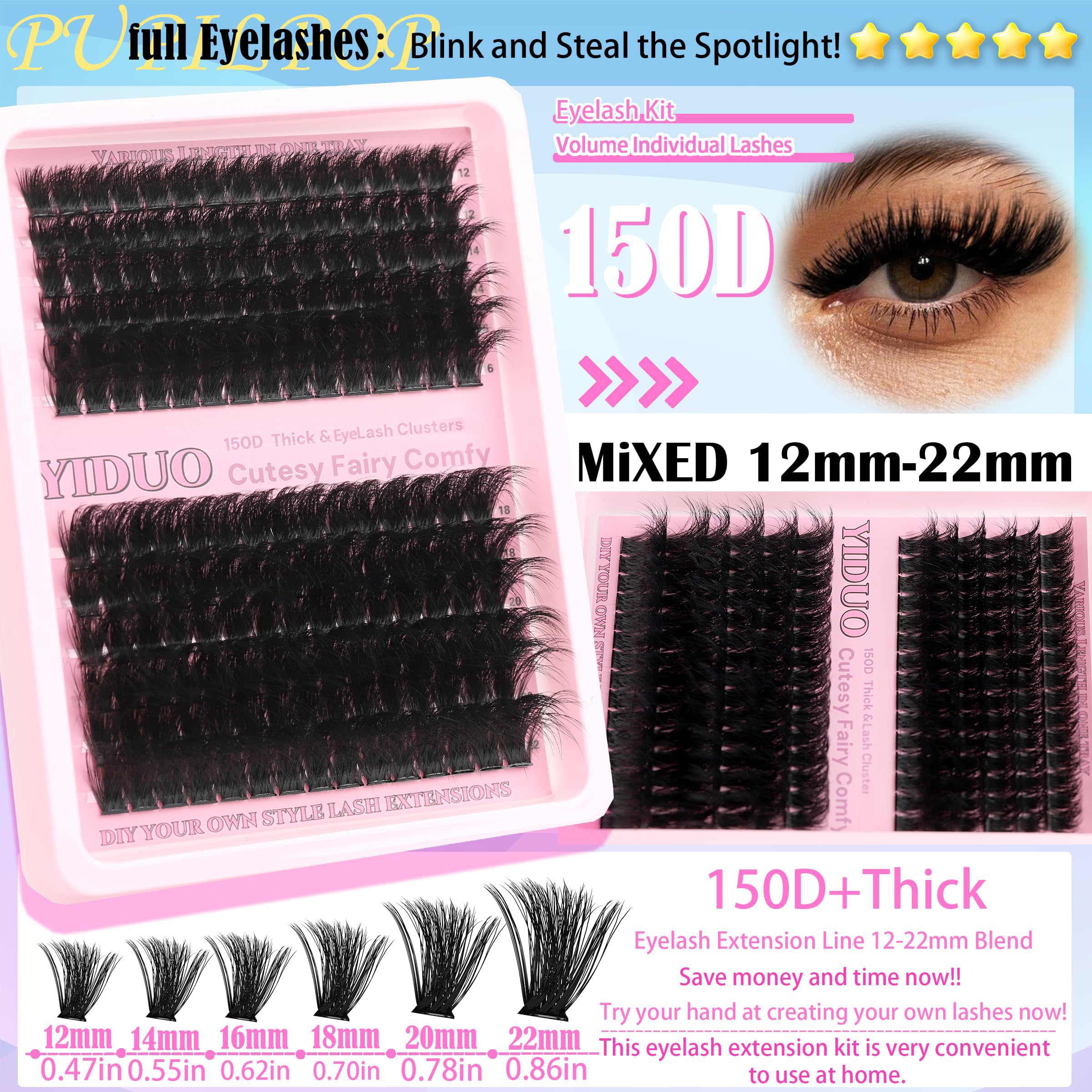 YIDUO 575Pcs Lashes Clusters Kit with Glue & Removers – D Curl 150D/200D, 12–21mm DIY Home Lash Extensions