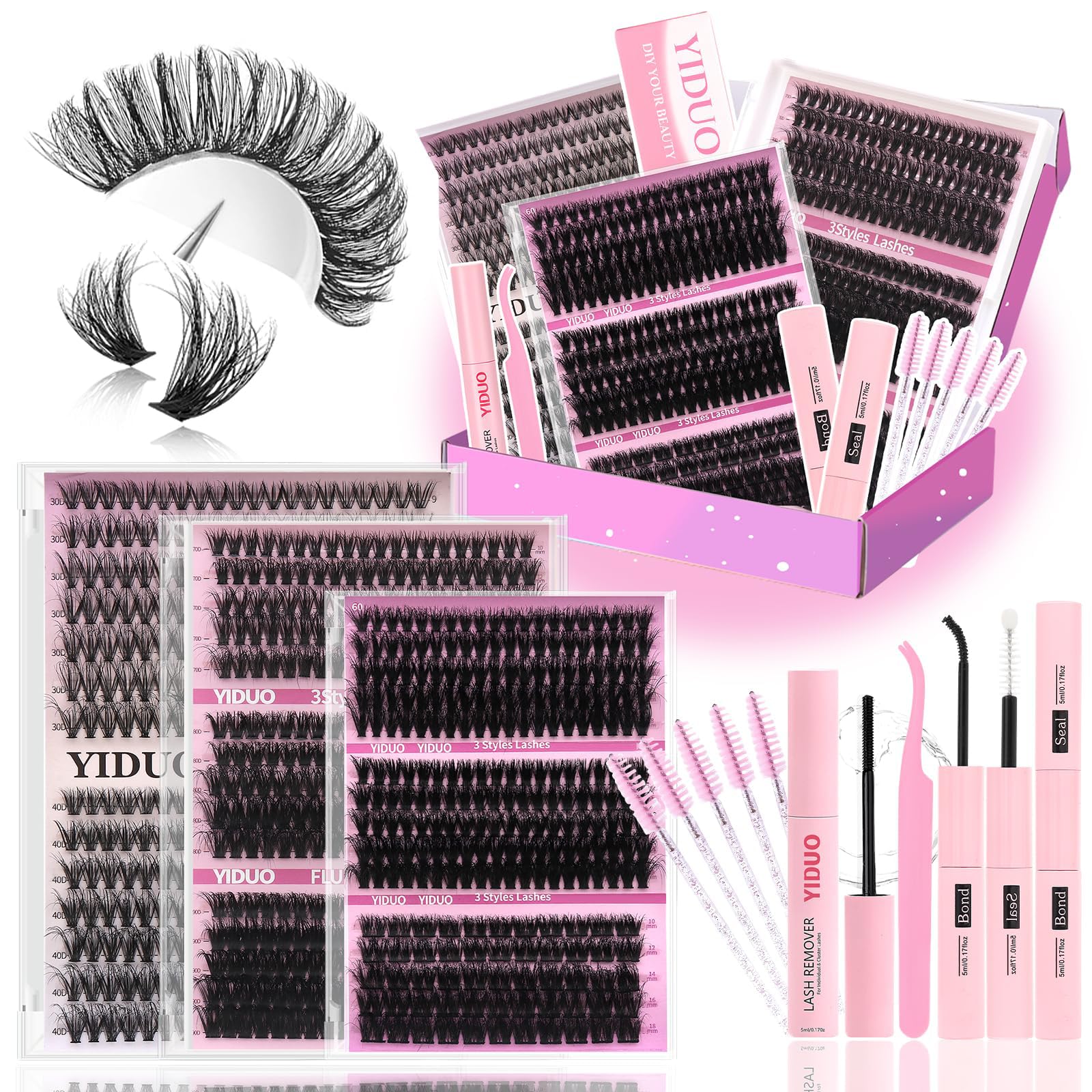 YIDUO YlDUO Lashes Clusters Kit – 835 Pcs, 7-Style Mix, C-Curl DIY Extensions Kit 9–18mm