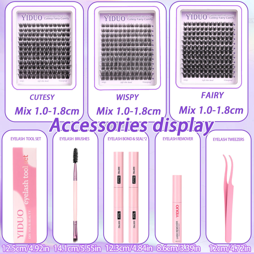 YIDUO YlDUO Lashes Clusters Kit – Natural C/D Curl Wispy Extensions, DIY Kit with Glue x2, Tweezers, Remover, Brush