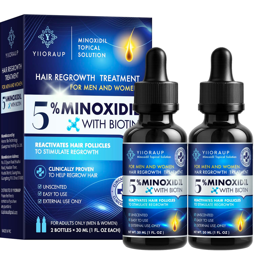 YIIORAUP 5% Minoxidil Hair Growth Solution – Extra Strength Topical for Men & Women (Biotin) – 2-Pack