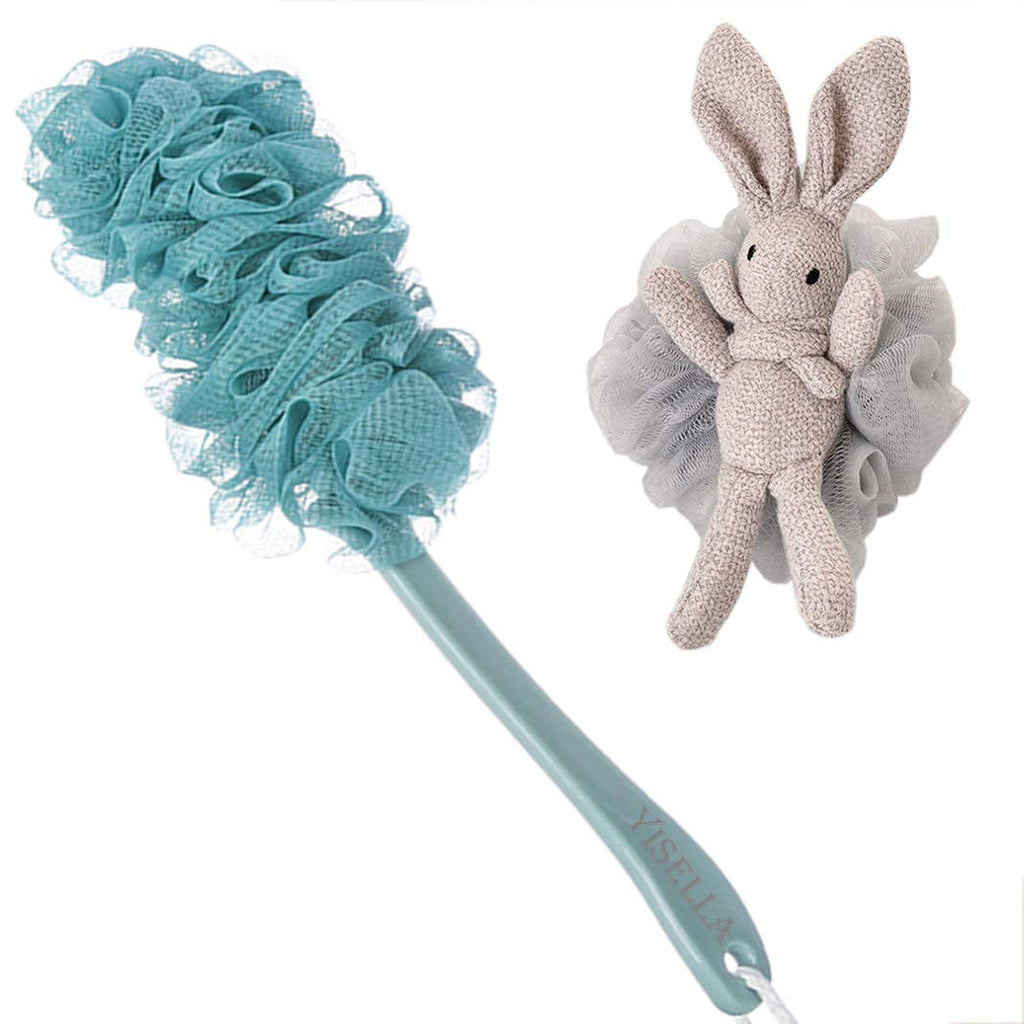 Yisella Bath Brush Long Handle Back Washer with Gray Luffa Sponge – 17-Inch Reach