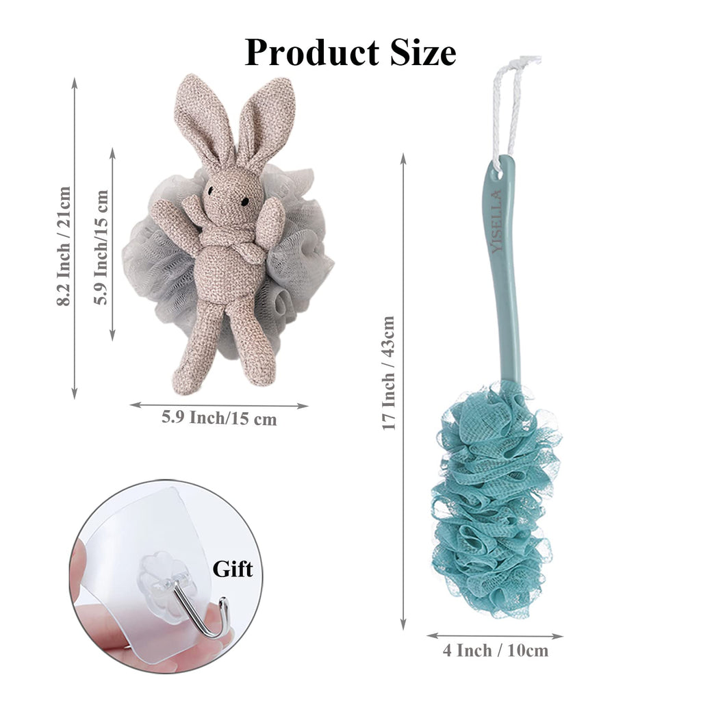 Yisella Bath Brush Long Handle Back Washer with Gray Luffa Sponge – 17-Inch Reach