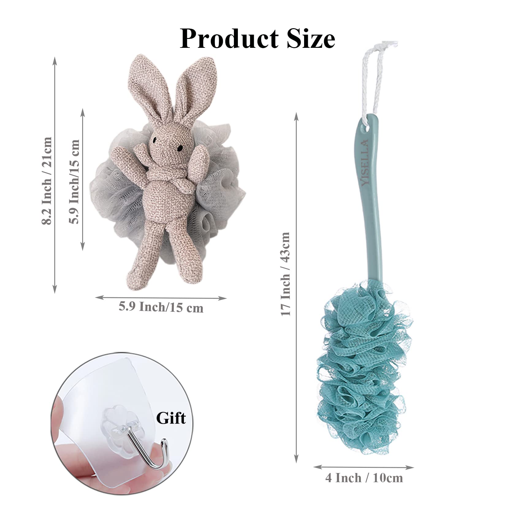 Yisella Bath Brush Long Handle Back Washer with Gray Luffa Sponge – 17-Inch Reach