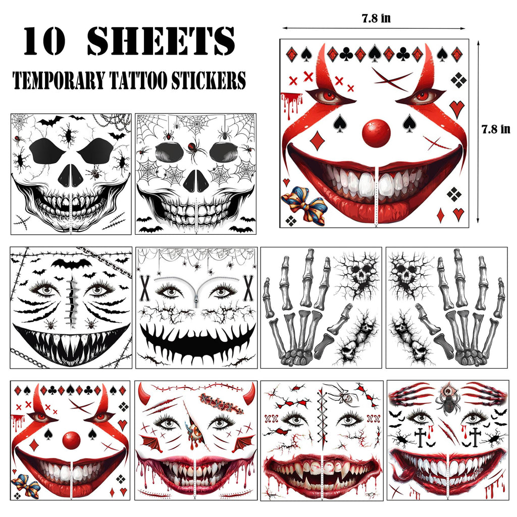 Yitla 10Pcs Halloween Tattoos – Ghost Face & Skeleton Temporary Stickers for Men & Women