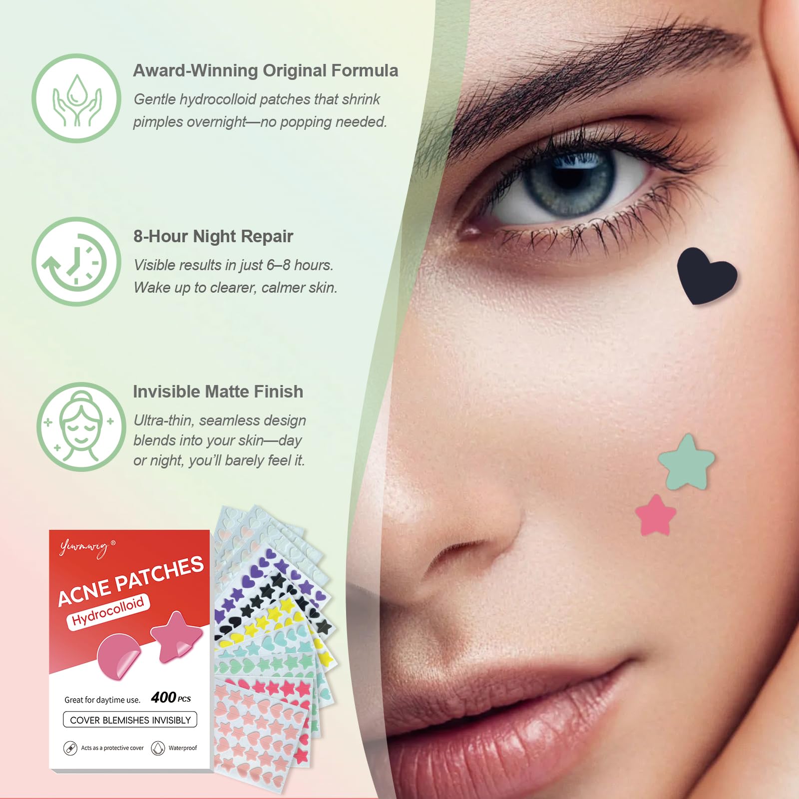 YIWMWIY Bright Shimmer Pimple Patches – 400 Count, 3 Sizes (10/12/14mm) with Tea Tree, Salicylic Acid & Centella